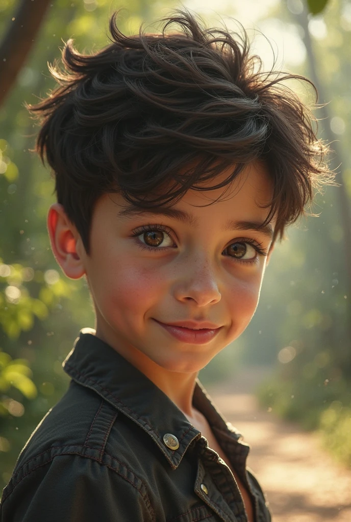 cover of a fantasy book:
In the center a 1 boy. eyes the color of honey. blue t-shirt. black hair. Realistic movie style.