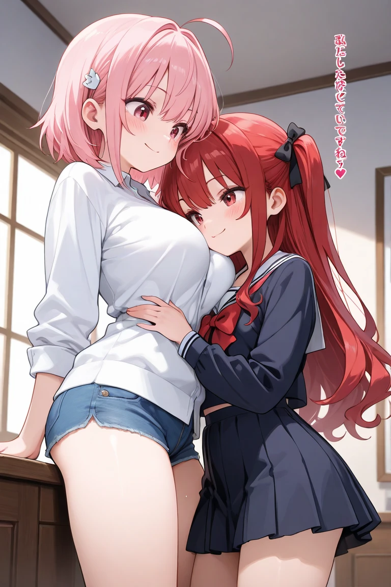 masterpiece,ultra detail,best quality,2girls,against wall serafuku,navy plits skirt,smile,blush,side view,girl pinned against wall,hug,kissing,NSFW,huge breasts