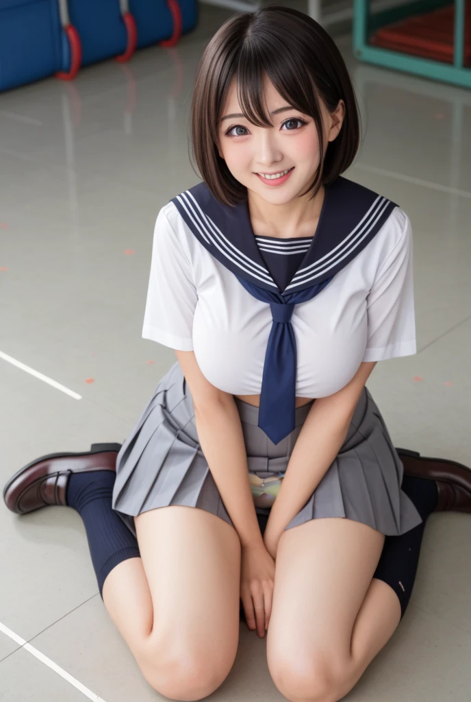 1girl, (solo), (selfie), smile, (17 years old), (big breast:1.5), ((beautiful anime eyes with fine detail)), realistic skin, sailor suit, (Navy blue pleated miniskirt), beauty of slender female legs, thigh-high socks,