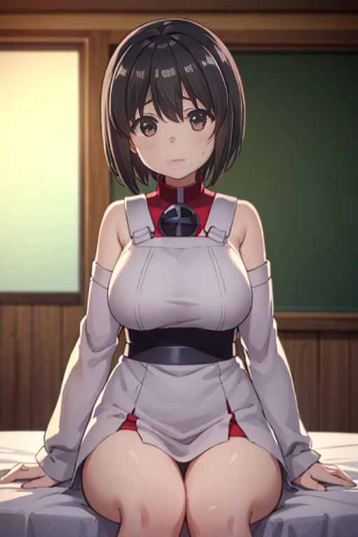 アニメ,Perfect Anatomy,Suguha Kirigaya,1female,crossed eyes,(rolling eyes),open mouth,(tongue out),(crying),side boob,(white highleg leotard),((micro skirt)),short hair,large breasts,(slim body)