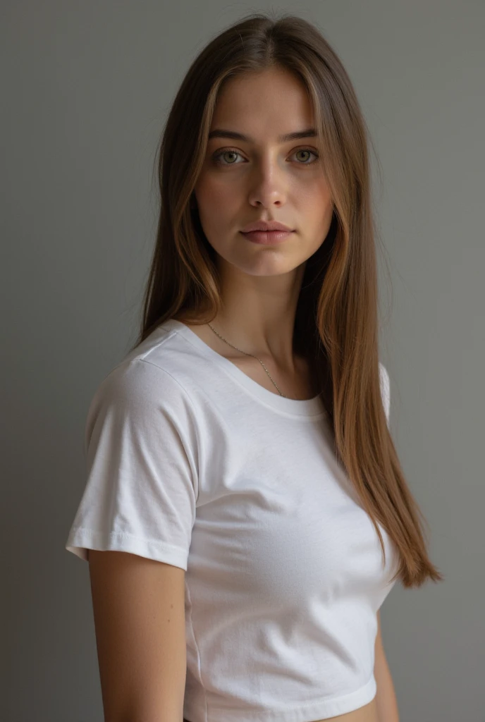 Maximum quality, photorrealistic, 8k, High definition, 1 girl, Woman, (cutaneous dentition), (portraite: 0.6), marvelous, (White background: 1.82)), ((Large round breasts, sleeveless white tshirt: 1.75)), Direct Viewer: 1.8, (1 girl Eyes, Medium length hair, chestnut hair, parted bangs : 1.65), photorrealistic, (bokeh), (cloused mouth: 1.46), marvelous, pureerosface_v1,