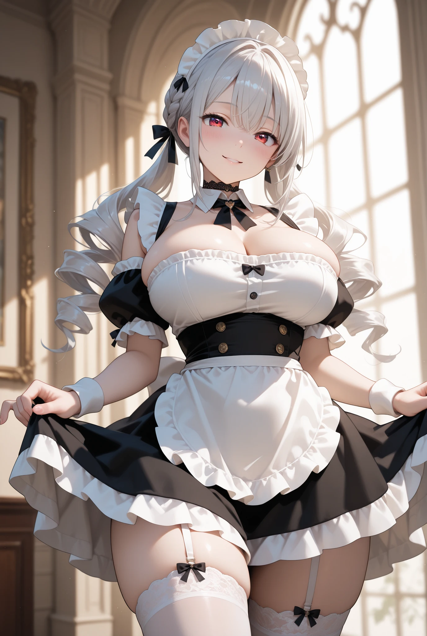red eyes, long hair, white hair, sidelocks, gigantic breasts, bangs, parted bangs, plump, glasses, rimless eyewear, semi-rimless eyewear,labimaid, gloves, white gloves, bare shoulders, black maid headdress, maid, black thighhighs, frills, covered navel, white elbow gloves, short dress, collared dress, maid dress, black collar,
(huge breasts:1.2,) upper body, from below, cameltoe, panties,
jewelry, hands on chest,see-through, looking at viewer, hair ornament, choker, shy,
(masterpiece, top quality, best quality, official art, beautiful and aesthetic:1.2), (1 girl), extreme detailed, colorful, highest detailed,
city,street, leaning, wall, sun, cloud,