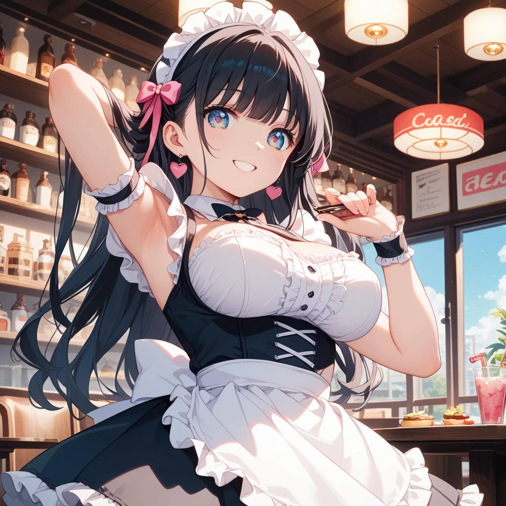 (Photorealistic:1.8, highest quality:1.8,8K masterpiece:1.8,High resolution,Mastepiece:1.8,RAW Photos,Cinematic lighting、lighting from behind),No split screen、morning、maid Cafe、(1 female shop assistant)、(Soryu Asuka Langley)、
(choker、Medium chest、Black maid outfit、mini skirt、Wide open chest、Beautiful thighs、Plump nipples)、Bust Shot、
(Beautiful, shining red, blue, white, brown, silver and black hair:1.5)、Sparkling Blue Eyes、Beautiful lip、 Realistic:1.3、Open mouth smiling、looks fun、holding a coffee cup、Random Pause