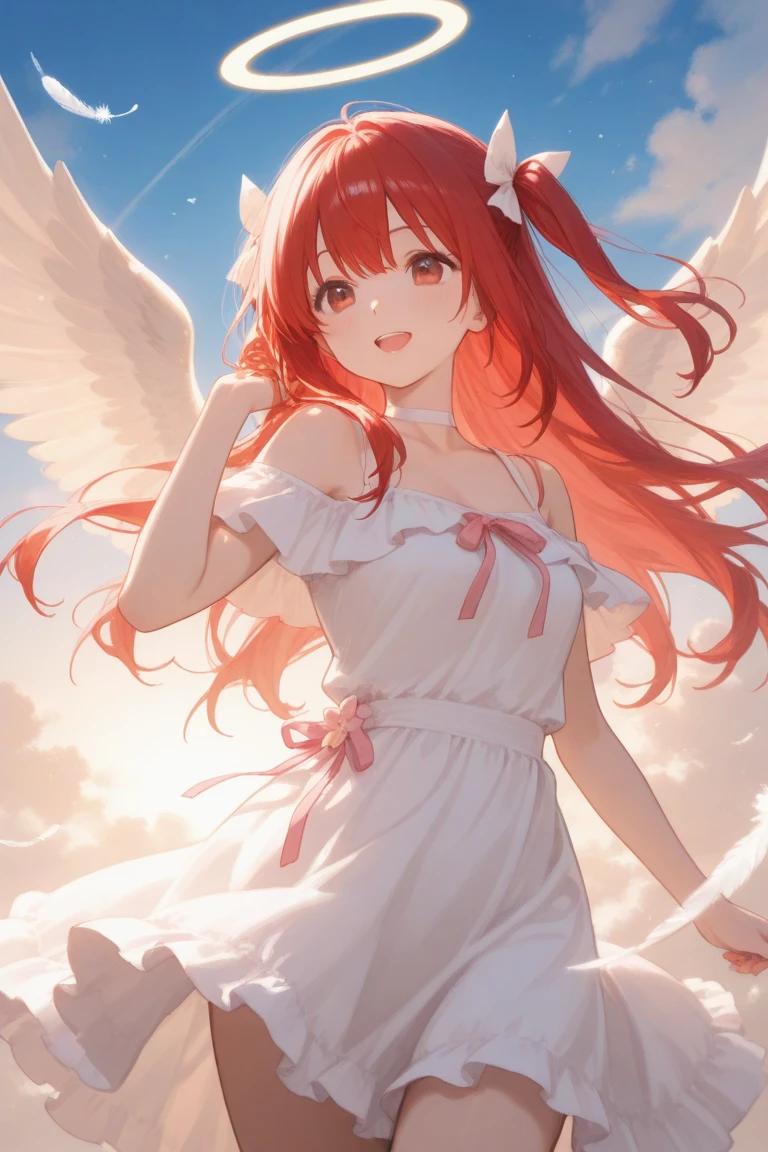 An anime style woman, with long red hair, pink eyes, white gown, White hat, with angel wings, half of the body