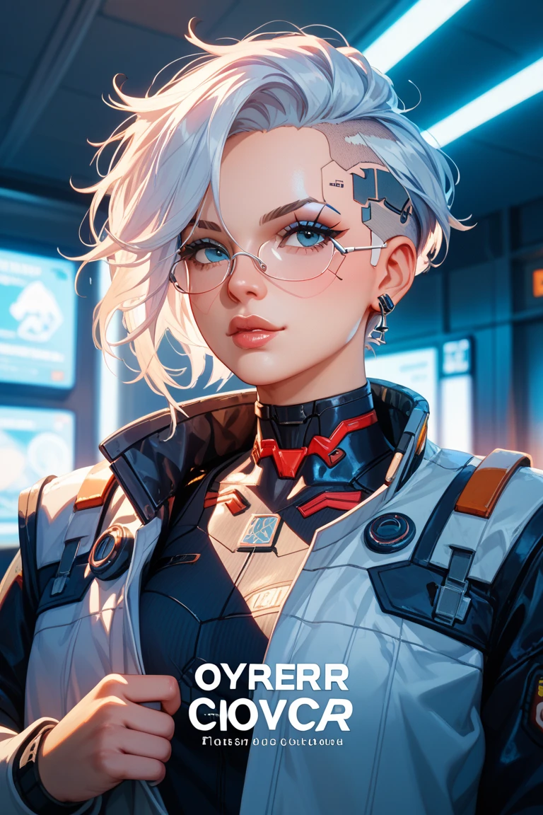 ((Best Quality)), ((Masterpiece)), (Very detailed: 1.3), 3D, NeonNoir, beautiful cyberpunk woman, (wearing thick and high-tech holographic glasses: 1.2), wearing a cape, hacking into a computer terminal, purple neon on the monitor, green neon sign on the wall, (((short white hair: 1.1))), (queen \\ (cold expression\\)