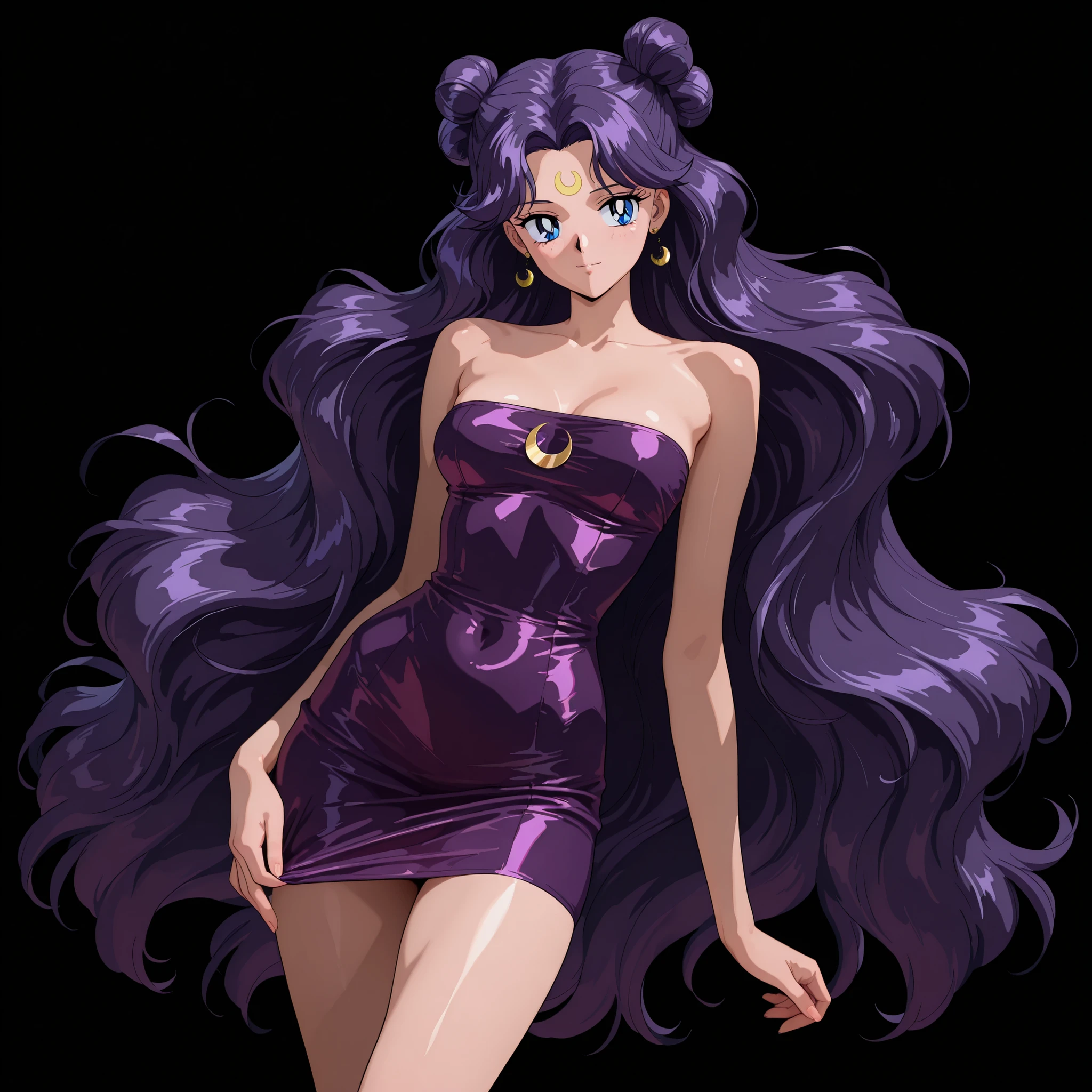 masterpiece, amazing quality, best quality, ultra-detailed, 8K, illustration, clear skin, ultra-detailed-eyes, soft skin, very awa, very as2, soft body, 1990s \(style\), official art, lunaill,long hair,crescent facial mark,facial mark,forehead mark,blue eyes,hair bun,very long hair, earrings,purple hair,double bun,parted bangs, Strapless_Pothole_Tube_Dress_SKNSFW, short dress, strapless dress, purple dress, simple background, black background, light smile, posing