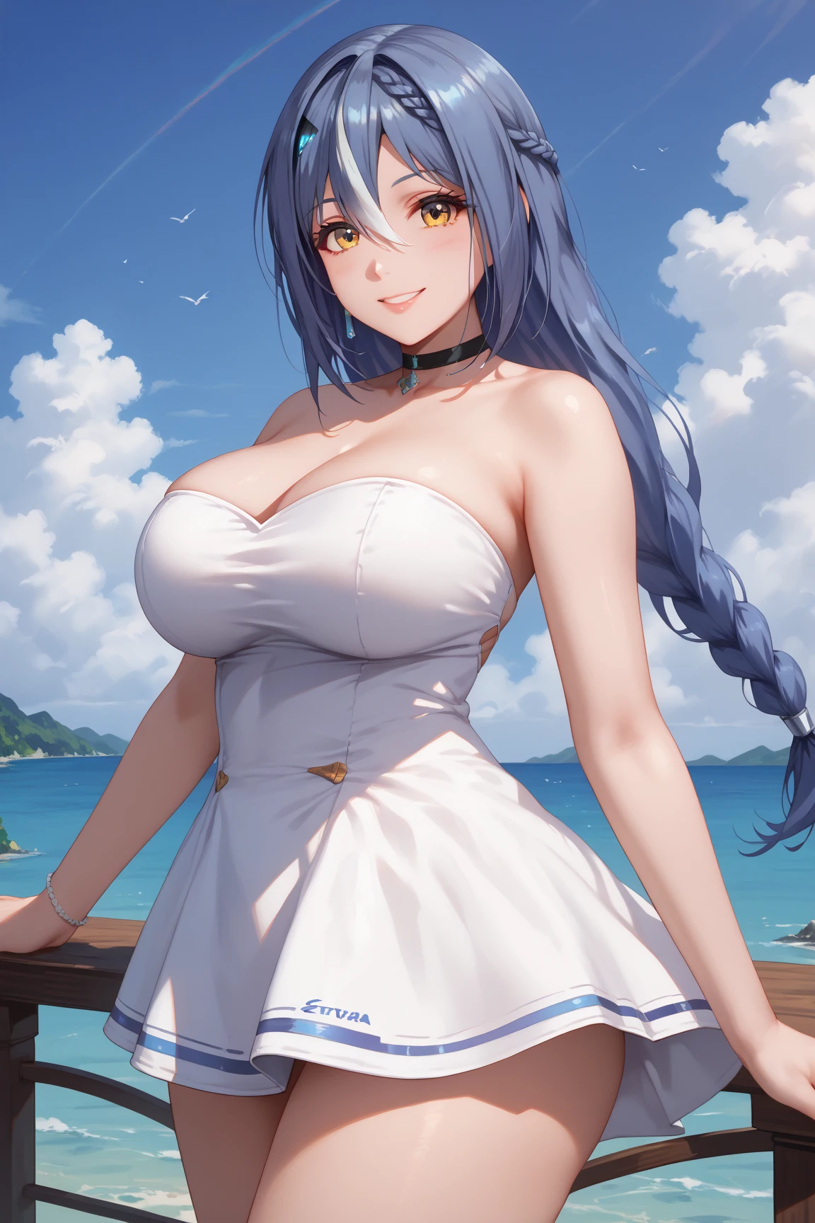 Highest quality、Highest quality、masterpiece、(8K),Beauty(Age 25)、Navy blue long hair、blue eyes、Sexy bikini in white and blue block check pattern、Big cleavage、(Big Breasts)、smile、blue necklace、Blue Earrings、background(Beach)、Please open your mouth wide、White headband、bracelet、Dynamic pose