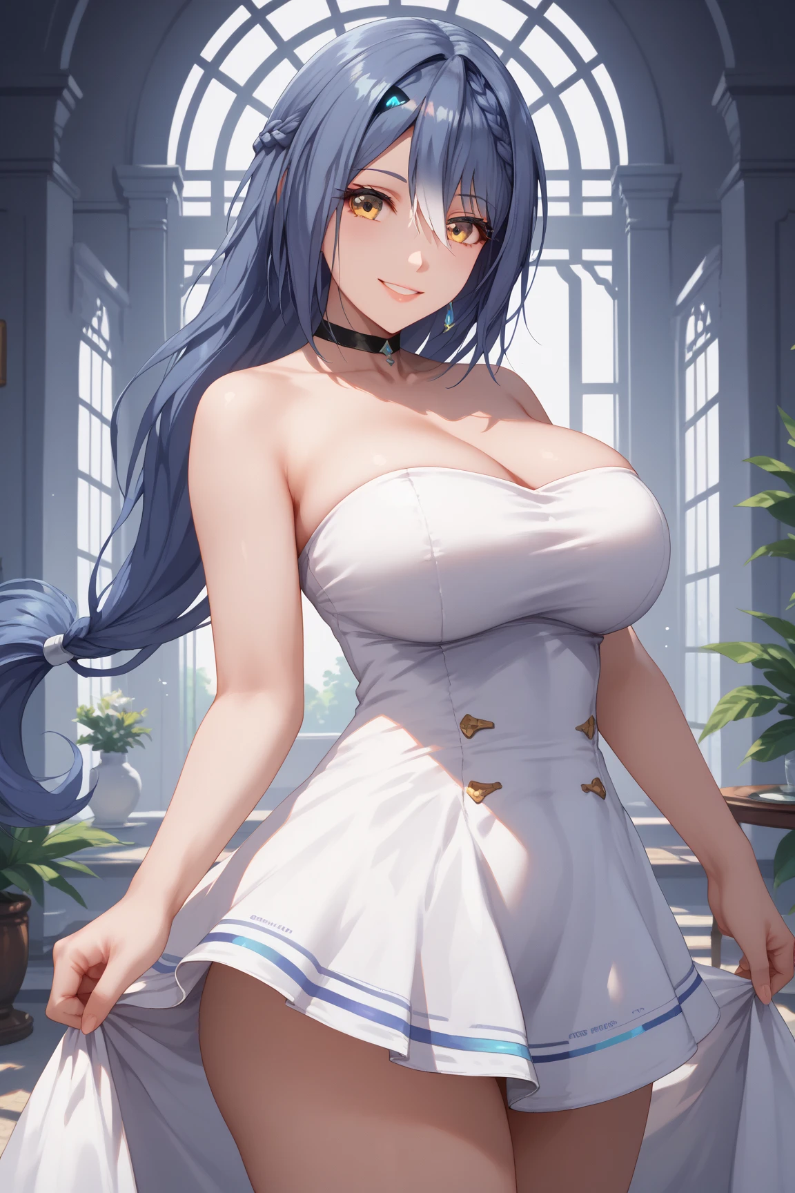 realisticlying,1girll,White hair,Purple eye,glowing light eyes,Cut the top,a skirt,parted lip,Be red in the face,the night,fresh flowers,suns,rays of sunshine,huge tit,Blush