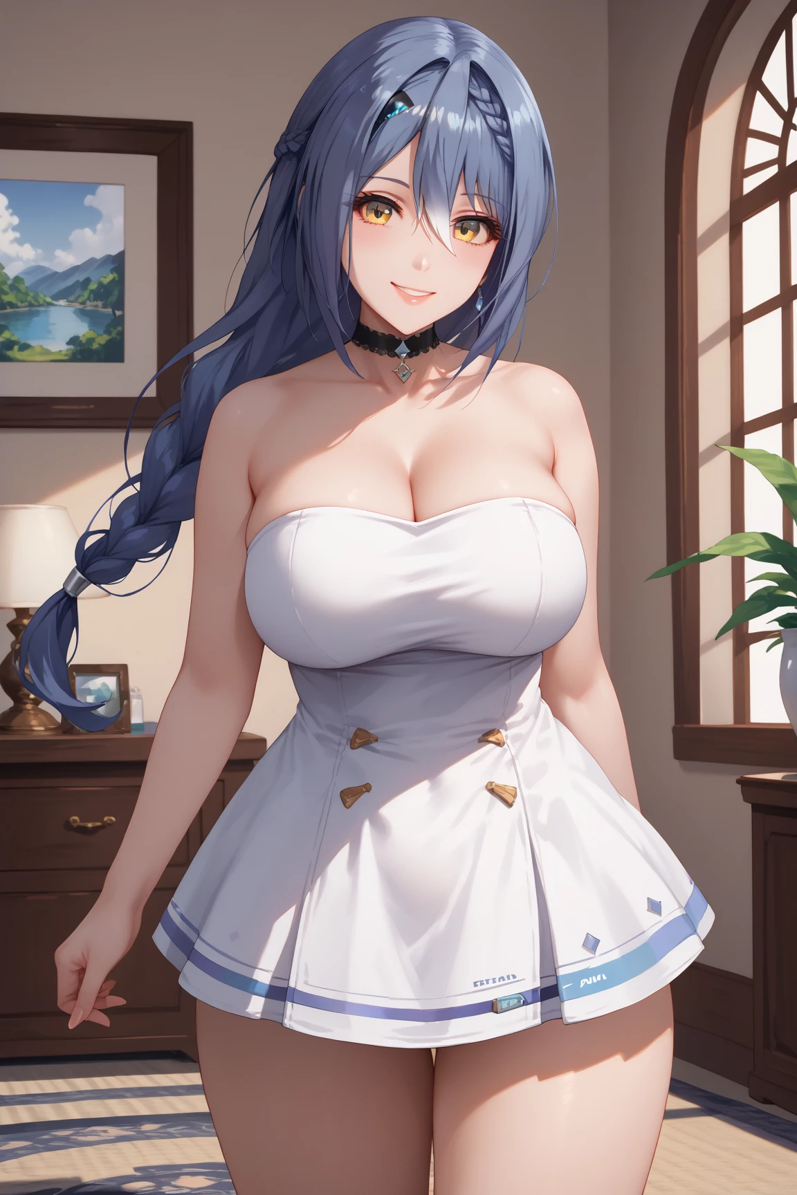 I am Yukiko, I am a white furred cat woman with long light blue hair along with cat ears and light red eyes with a blue cat tail. I am 1.62 cm tall , Dressed in a white mini skirt revealing the black thong she was wearing along with a short, tight black top. with huge breasts measure 200 cm, waist 40 cm and hips 200 cm