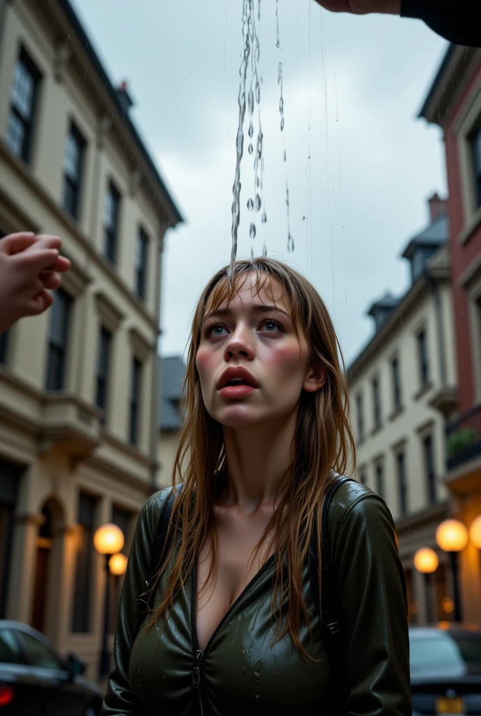 A dramatic upward-angle shot of Guin on a rainy street, her soaked hair clinging to her face as she looks up in surprise. Above her, someone  pours water  over her, capturing the exact moment of realization. The composition emphasizes her drenched figure against the urban backdrop. Her expression mixes shock and disbelief as water drips from her hair. Keywords: soaking wet, unexpected prank, wet clothes, wet hair, city setting, surprised reaction, dynamic perspective, cloudy sky