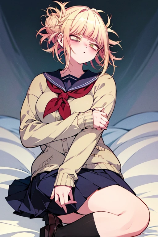 masterpiece, best quality, ultra-detailed, Potrait of beautiful , (chubby), (plump), (sexly), (Breasts), (Plump), (overweight), (Blonde), ((Saggy breasts)), (yellow eyes), (toga himiko), fullbody)
