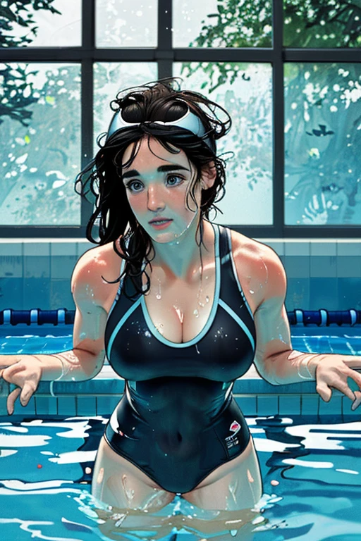((laying by an indoor mansion pool)) muscular girl large breasts angry black hair yellow eyes solo pale skin looking down ((laying by an indoor mansion pool)) girl