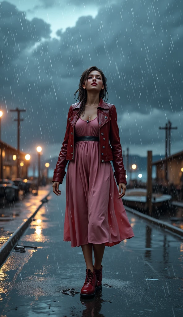 (Thirty year old) woman, standing in the heavy rain, wearing a (long bright red dress:1.2), beautiful legs, (soaked hair:1.2), dreamy photo, dramatic pose, looking straight at camera, soft expression, flirty, slight smile, dark city landscape, crowd of dark strangers, misty, andre kohn, Canon, (Detailed features::1.2), real life. Hayley Atwell, intricate, 8k, highly detailed, (extremely detailed CG unity 8k wallpaper), ((square jaw)), (well defined jaw), (downturned lips), (detailed anatomy), Hyperrealistic full shot body image, trending on CGSociety, Intricate, High Detail, Sharp focus, dramatic, volumetric lighting, digital painting, intense, modelshoot style, (extremely detailed CG unity 8k wallpaper), full shot body photo of the most beautiful artwork in the world, pearl skin, professional majestic oil painting by Ed Blinkey, Atey Ghailan, Studio Ghibli, by Jeremy Mann, Greg Manchess, Antonio Moro, trending on ArtStation, photorealistic painting art by midjourney and greg Rutkowski