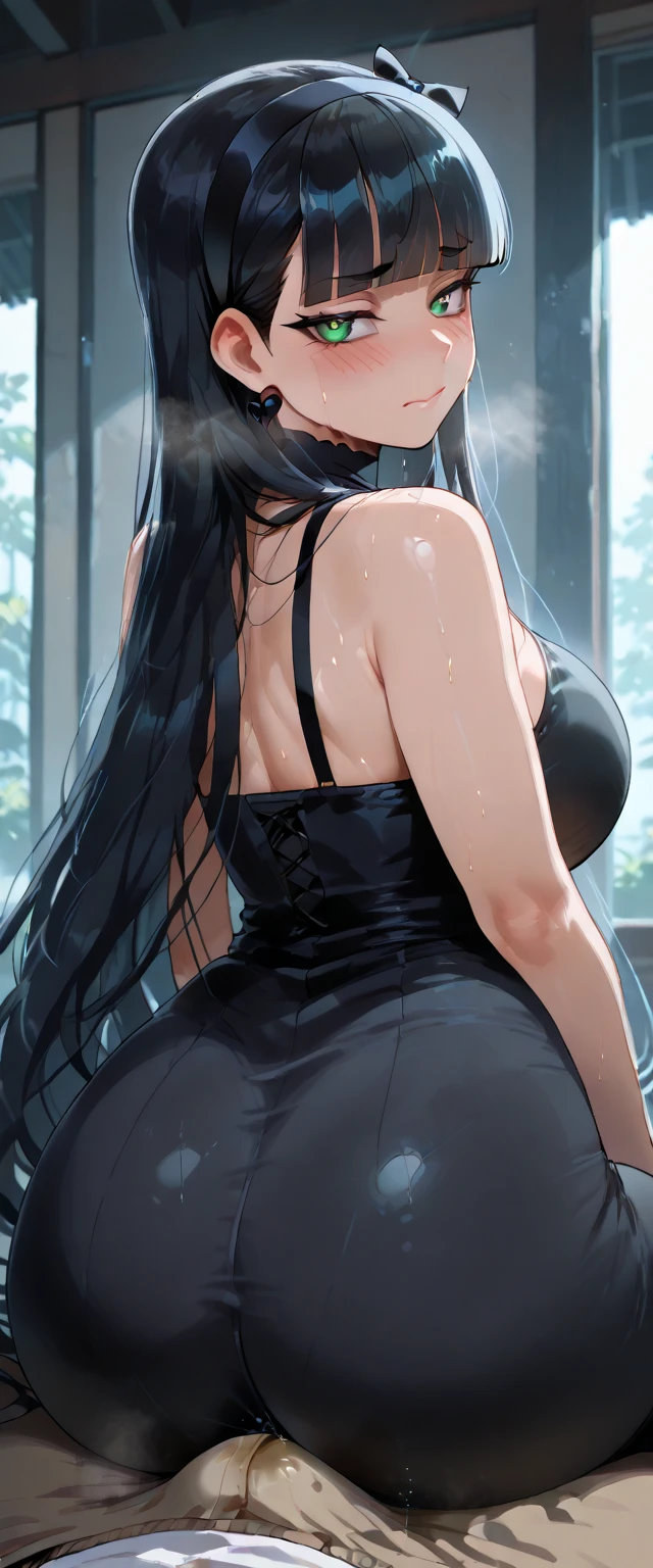 cute girl, super long hair, black hair, big hair, thick hair, big breasts, big butt, hourglass body, emphasis on hair, emphasis on eyes, emphasis on face, blush, smile,
