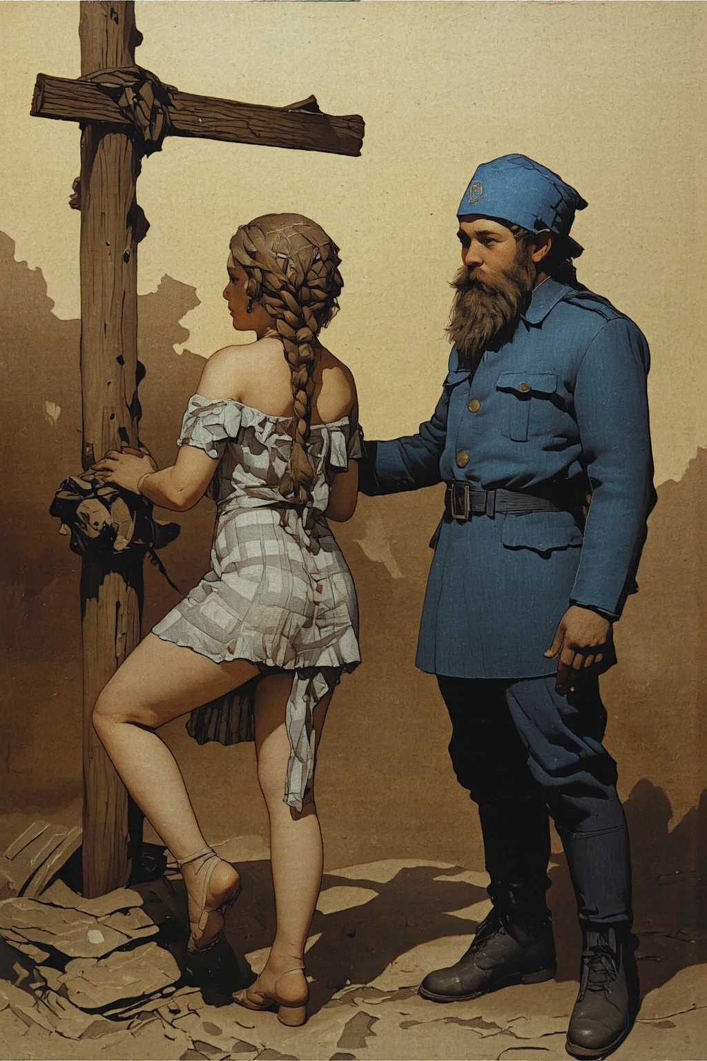 Drow girl stands naked, very big ass, crying, shackles, scaffold of a medieval city, public punishment, there are many people around, chained to a wooden pole, they jerk off to her