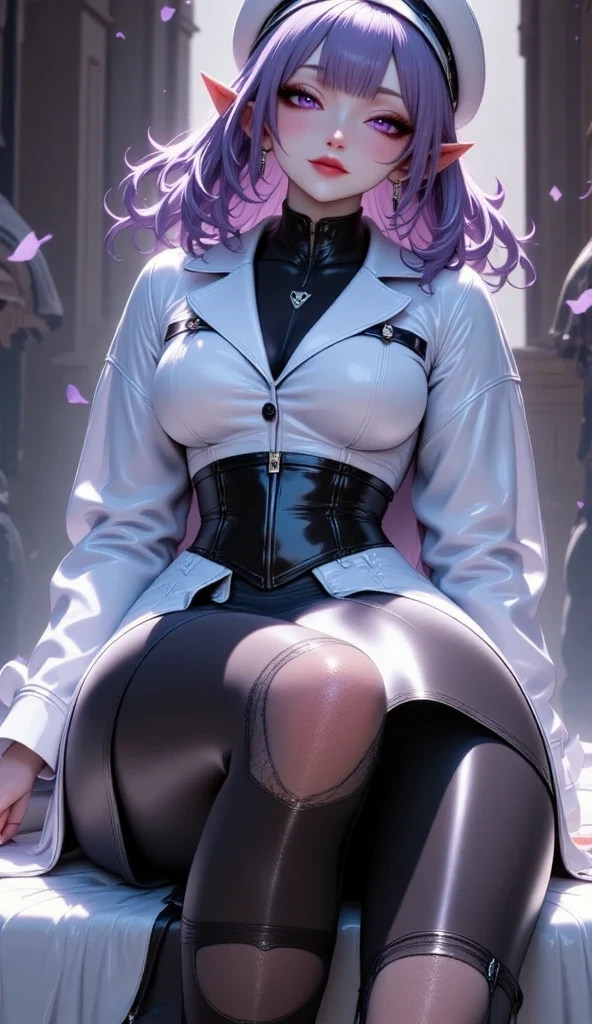  Young Beautiful Dark Elf Women ,( best quality, very detailed depiction , Incredibly Absurd High Definition ,Curvaceous Body, shiny skin with knees,Beautiful legs),(Female military personnel,Female admiral,white-toned latex military uniform with epaulettes, tight skirt , black tights,White cap, high heels),(Blue Skin:2.0, eyeshadow,Glowing purple eyes, half closed eyes:2.0, pointed ears, big breasts,Glossy lips,Shadowed face, bewitching smile,Seductive gestures), full body image :2.0,background:naval port,An anchored warship