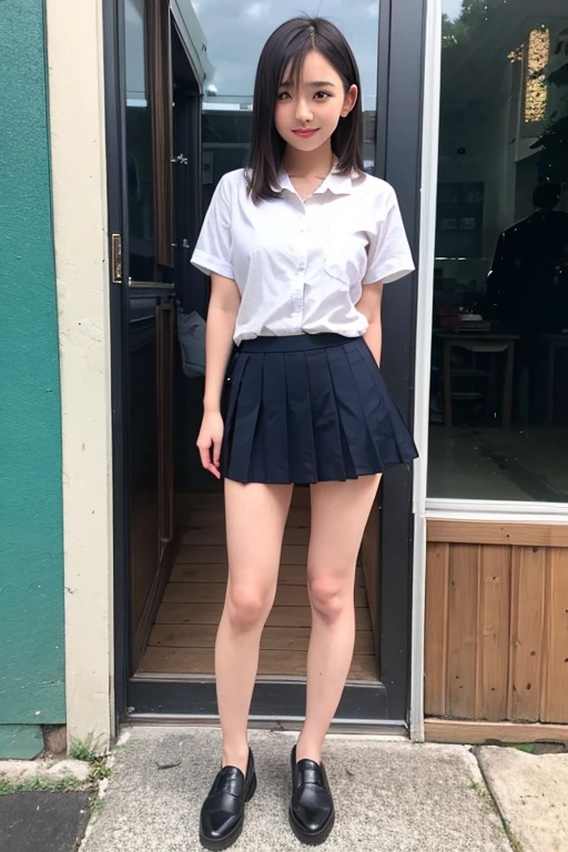 high school girl、Japanese、Brown Bob、slender、uniform、skirt、Knee-high socks、loafers、Volcanic crater、sit、Thighs