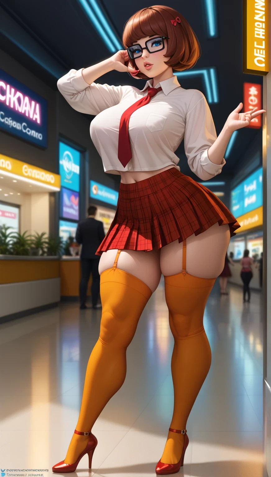 (velma dinkley), (full body),  a woman, Big breasts, thick thighs, sexy pose, beautiful, full lips, blue eyes, bangs, (sexy schoolgirl costume: tight white blouse with red tie, red plaid mini skirt and pleated), fishnet stockings with garter straps, stiletto high heels, thick thighs, round and prominent back, Big breasts, en sexy pose apoyada contra una pared con una mano en la cadera y la otra jugando con su cabello, intense look and half-open lips, soft lighting with neon lights, detailed semi-realistic style with emphasis on curves and textures (transparency of the tights, pleats of the skirt), in a mall.