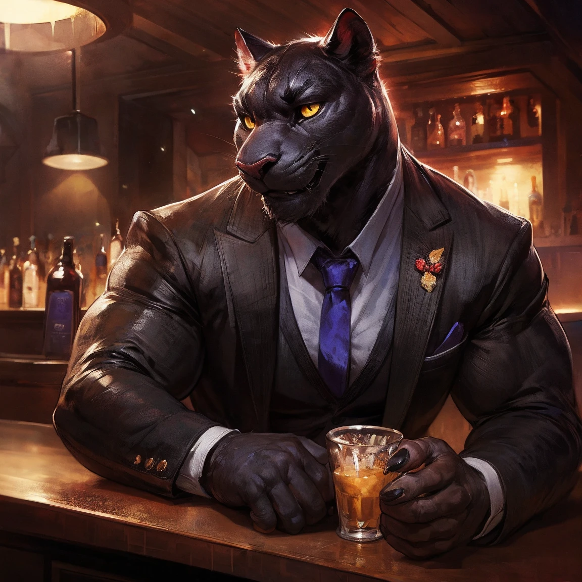 ((trending on E621, trending on Furaffinity digital media, trending on Artstation, trending on twitter , digital painting, digital media, digital paint, digital illustration, (masterpiece))) ((by rOSS tran, by vorusuarts, by takemoto arash, by kuroma, by nullghost, by raccoon21, by bluekumabox ,by Dsharp_K, by rabbity ,by grimfaust ,by wfa, by chunie, by darkgem, by guzreuef , by BlazingIfrit , by oldshep,by Sollyz ,by makidogang , by Magangz)),BREAK((((((anthro, anthrofield, (gray wolfs,wolf pack)))))) | BREAK (((((Manly | handsomeface, (((wildface)))))))) | BREAK ((((((hyper muscles:1.6)))))), (((animated eyes, beautiful eyes, detailed eyes))) | (((white face, gray fur)))) | (((((((( gray hair | dark gray mane | black eyebrow | short hair | black goatee hair)))))) | BREAK (((((thick eyebrows))))) , big pecs, heavy weight, bodybuilder build, wearing black jacket,greatcoat, formal attire, large bulge, vest ,Relaxed sitting on chair, ((((holding a glass of Bramble)))), Sitting with legs open,evil smile expression, bar_background , vibrant color, 4k, realism, cool lighting