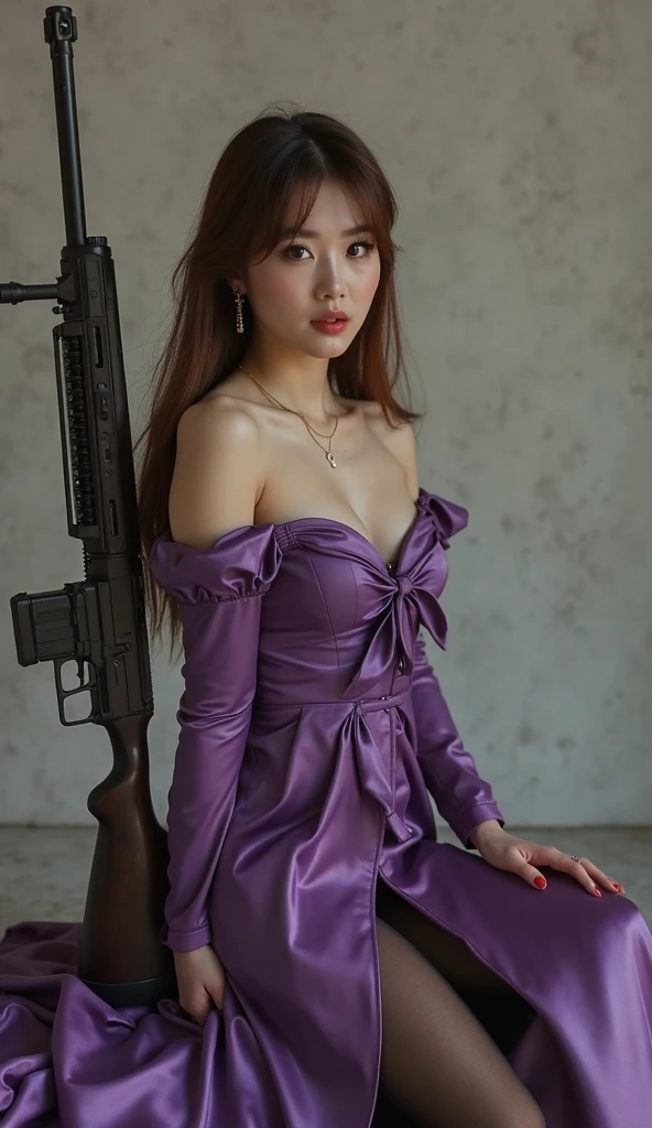 asian woman, Purple dress, Bold, big breasts, photo realistic body, Topless, with a firearm and a cigarette, white skin and bare breasts, visible nipples, huge breasts and transparent dress, huge nipples
