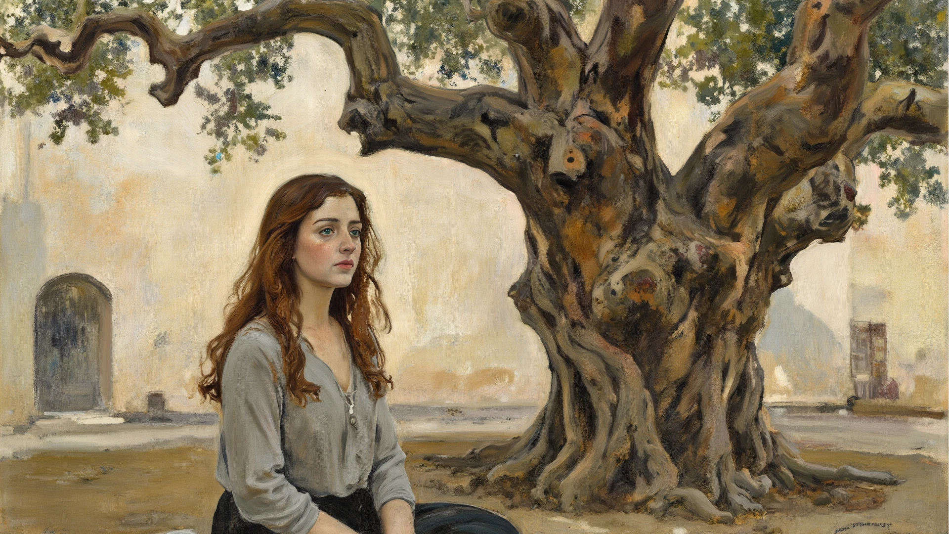 oil painting of sorrowful woman, from New Testament, full body, sitting on the stone, after crying, close up, (oil painting), ((large brush strokes)), blue-sky mantle, early sunrise, digital, green grass, black rocks, bare feet, brown curly long hair,((Realism)),oil,brushes, soft light, dark atmosphere, the Dark Souls like