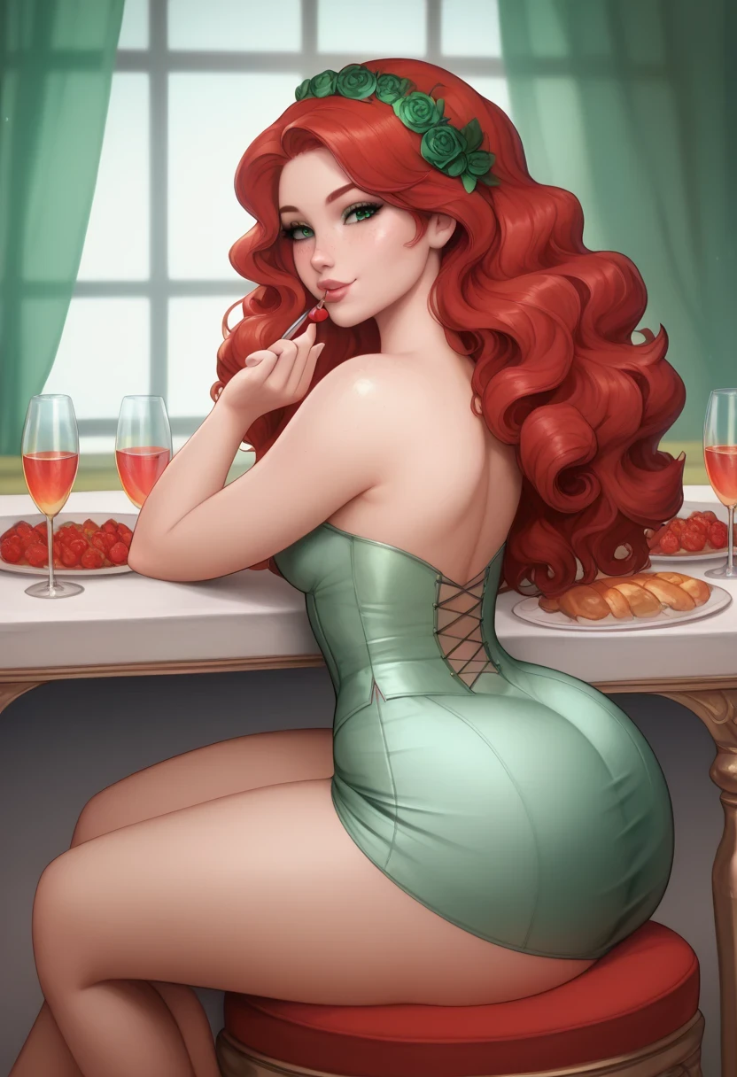 High quality, high resolution,masterpiece, intricate details, 1 girl, solo, beautiful, beautiful face, gorgeous emerald green eyes, long wavy red hair, red plump lips, cute nose, freckles, cool hairstyle, shiny light green top, shiny light green skirt, high heels, slim waist, wide hips, huge butt, thick thighs, beautiful legs, date, resturant, red table, black chairs, gourmet food, enjoying the date, romantic atmosphere, seductive, in love with viewer, cute pose