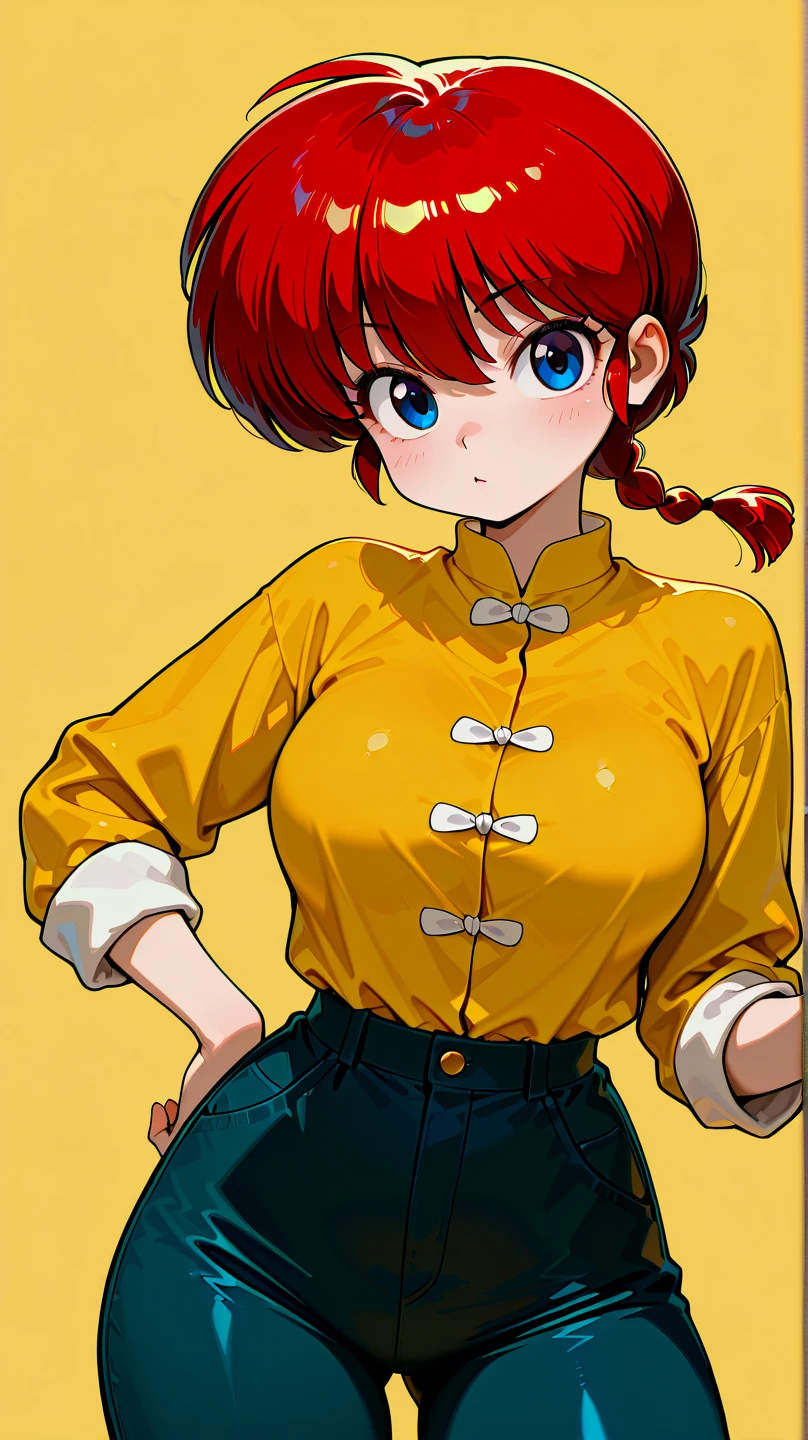 Girl, short brown hair, smile, orange shirt, blue skirt, big breasts