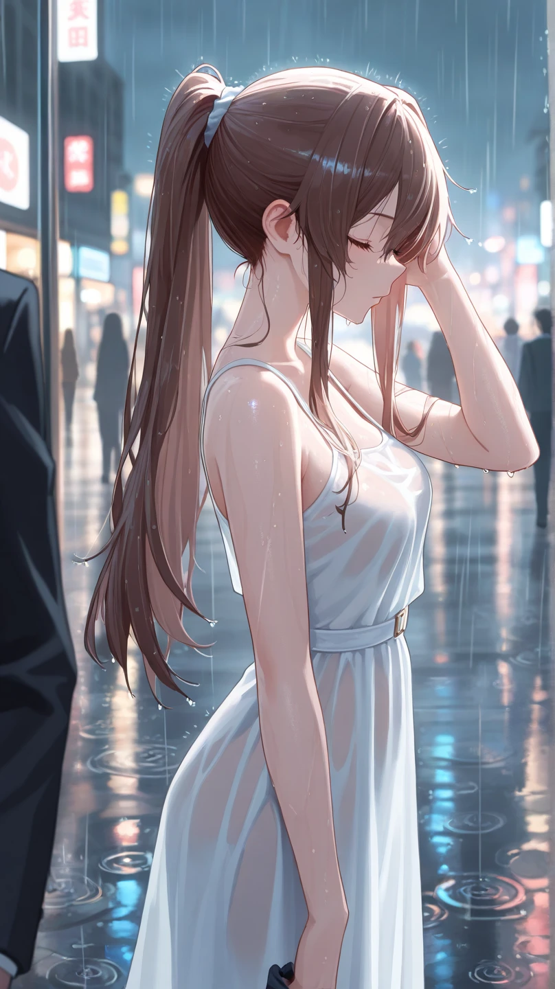 1girl, osaki_amana, shiny_colors, suggestive, seductive, (soaked, wet), sweat, ((raining)), blury background, latest, blush, sleeveless, bare shoulder, night, warm glow, outdoor, official art, nsfw, bus stop, half-closed_eyes, looking down, medium breasts, see-through navel, from front view, complex_background, yd, mery, sincos