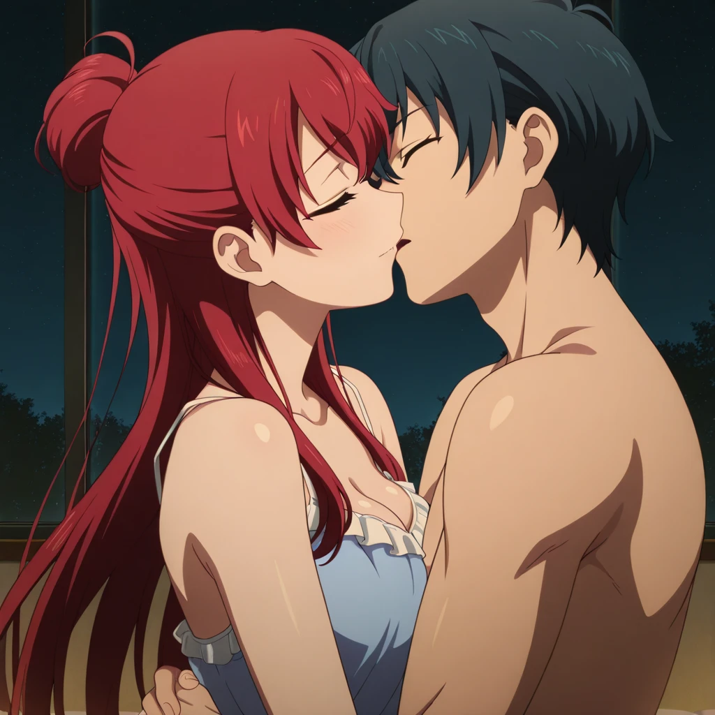 A woman with brown skin, red hair, dark green eyes, wearing a purple bikini, hair tied in a bun, kissing a taller man, with dark blue hair, turquoise eyes, wearing black swim shorts, freckles. Both by the pool. anime styling