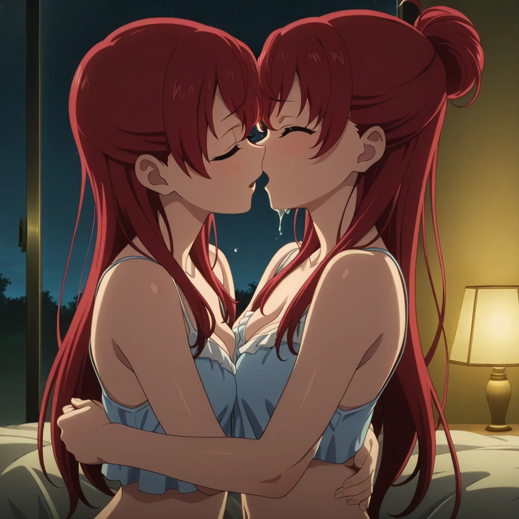 Mitsuri Kanroji and Shinobu Cochou, of the anime "Kimetsu no yaiba", having sex on an intense night of passion and lust, until they end up dripping with semen