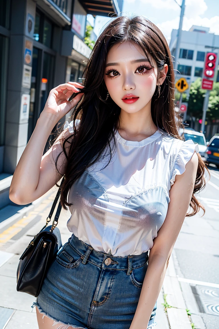 Best Quality Detail:1.2, realisitic, 8K UHD, hight resolution, 1girl in:1.2, The ultra-detailliert, High quality textures, intricate detailes, detaileds, Very detailed CG, High quality shadows, Detail Beautiful delicate face, Detail Beautiful delicate eyes, depth of fields, Ray traching, in her 20s, Pretty Kpop Girl, Korean Urzan Face:1.1, Slender face, ulzzang -6500-v1.1:0.6, pureerosface_v1, gloweyes, teak, Glossy lips, perfectbody, a choker、cleavage of the breast、 Brown hair、poneyTail:1.1, Street, Particle, look at viewr, Photorealsitic:1.4, ultra-detailliert, photos realistic, 4K 8K UHD Full Color RAW Photos, Fuji Film(Medium format:1.2), Hasselblad:1.2, Carl zeiss:1.1, Incredible dynamic range photography(UTIL_Art by Smoose-768:1.1), hight resolution, High pixel count, clear details, crisp image, Natural color reproduction, Noise Reduction, High fidelity, qulity, Software Improvements, Upscaling, Optimized algorithms, Pro-level retouching、((Shibuya, tokyo prefecture))、On the way to shopping、((Fashionable clothes with a very high design))、graphic t-shirt: Art and Logos、Graphic T-shirts printed with anime characters are trending.、Used for unique styling