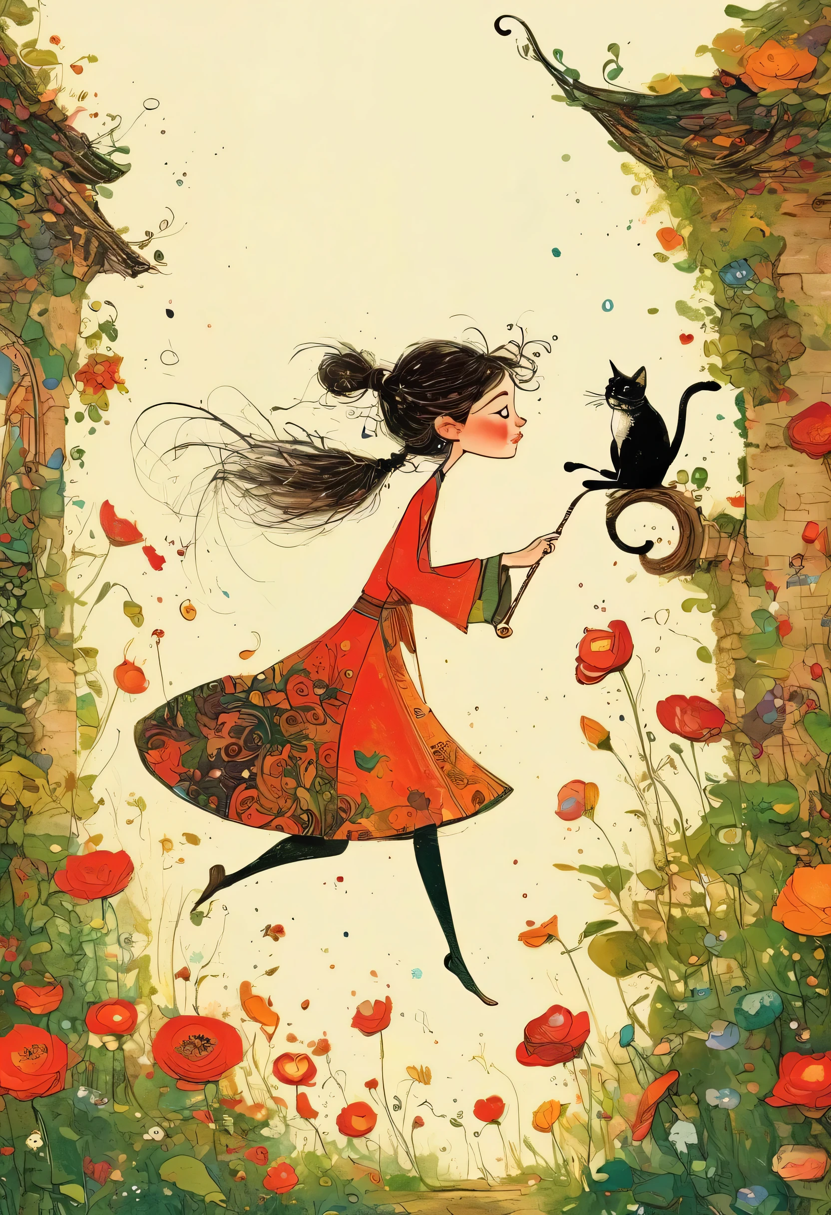 Santiago Caruso's style, jumping girl drawn in the lower right corner of the screen 【flat coated】- ((top quality)), Illustration, Mike Azevedo style by Ewa Poklewska-Koziełłło,Cartoon doodles , Boy playing the trumpet and the cat dancing in a good mood、Bipedal Cat、Bremen's band,Full Body, Solid Color Backgrounds
