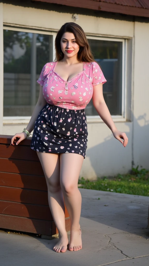 A beautiful and hot almost chubby mature woman.who is wearing a patterned short dress and is and standing in the park. A smiling face、Sexy woman、A radiant smile、adorable、race、Frills、Colorful design、Full-length mirror、An inviting gaze、Gorgeous long and beautiful hairstyle、variation Hairstyle、Open neck blouse、Flower Garden、Sparkling、elegant princess、Highest quality、detailed、flower、Accessor、necklace、Cowboy Shot、16K、Beautiful eyes、solo, smile, Anatomically correct, High detail,