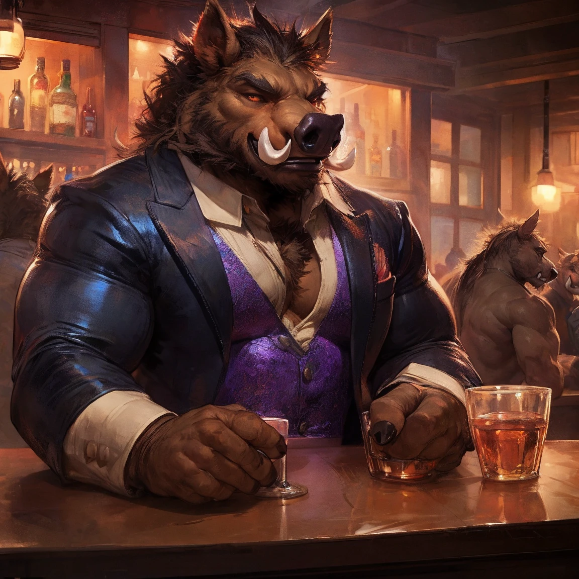 ((Huge heavy muscles, muscular hairy chest, hefty pecs ):1.2), juicy pecs, 6 pack abs, tall male young, slim waist, anthro moose, big moose antlers, thin beard, flirting, dynamic light, ((wearing a very tight button-up white shirt with a matte black vest, shirt is tearing apart):1.2), beautiful blue eyes, very hairy body, black super hairy chest, extremely hot and sexy, ((shy face, blushing cheeks):1.3), Daddy figure, hot daddy, by darkgem, by zixiong, by glitter trap boy, bartender, in a bar, ((serving a cocktail at the camera):1.3), bulge