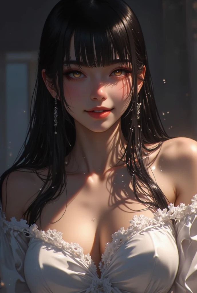 (8K, Raw photography, top-quality, masterpiece:1.2), One Woman、Japan at the age of 18,fullllbody.{scinematic angle、Wide Angle、Don't split the screen、}(Realistic Skins 1.4)、(Saint in a white dress、Bloody Saint、Hollow look)、(((white dres、White dress wet with blood、Crown of thorns、Surrounded by a mountain of skeletons、bare-legged、)))、(((In the dark forest、In a deep eerie forest 、Pitch black night、Deep fog))、50mm Lens、30mm film、wide angles、(long、straight haired、)、(A dark-haired、The forehead is hidden by bangs、)、Black eyes、shinny skin、beautiful detailed hair、Beautiful delicate face、Beautiful delicate eyes、{tiny chest、small tits、muscular body、}、