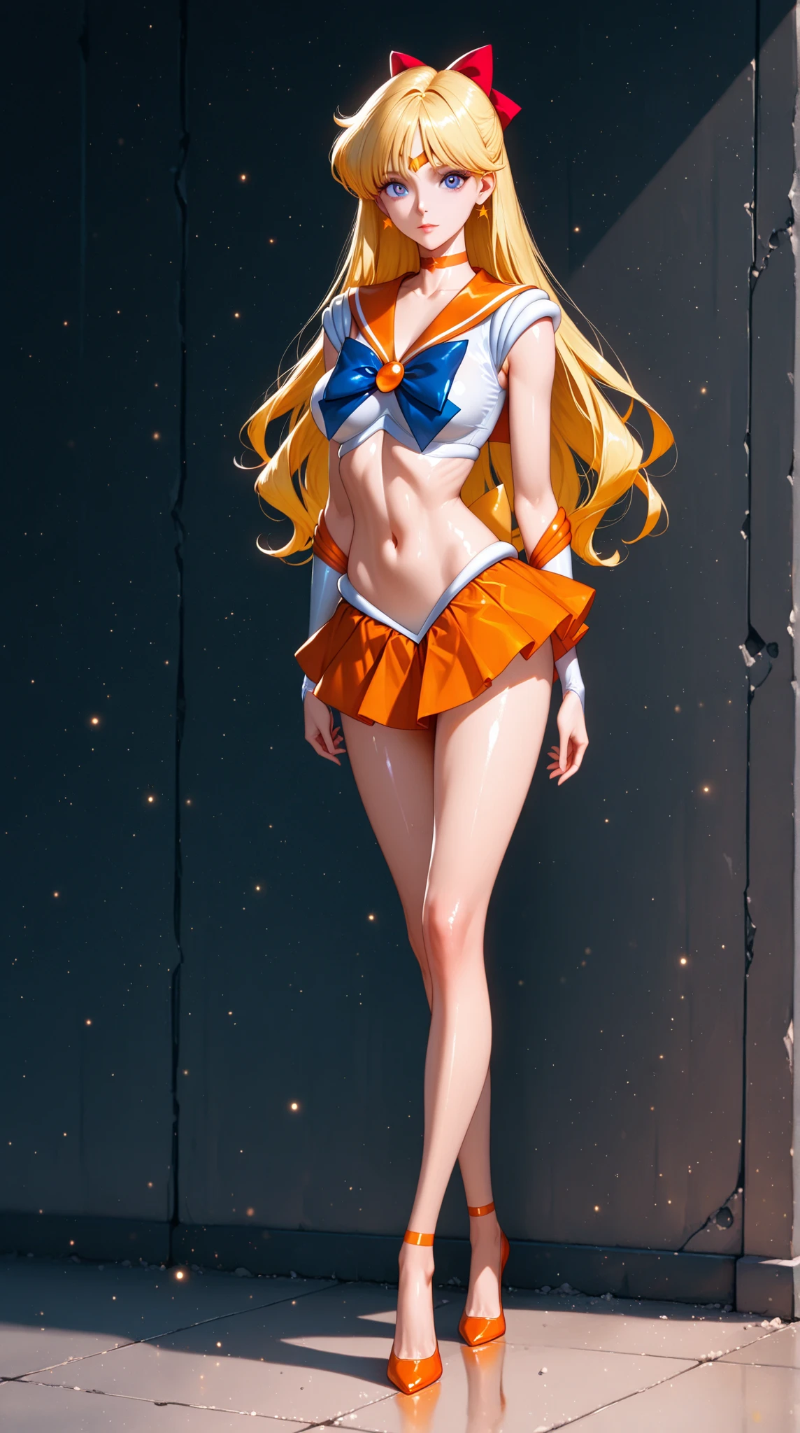 masterpiece, put both hands behind one's back、beautiful super model ,perfect lighting , b1mb0, TH3P1T, (full body,wide shot),Are standing,space background, grin, SV1, sailor warrior uniform, Orange Skirt, elbow bag, tiara, Orange sailor collar, red bow, orange choker, white gloves, jewelry,first round、slave、Tie up to the back、View the audience、big breasts、Christ Pose、crucifixion、cross