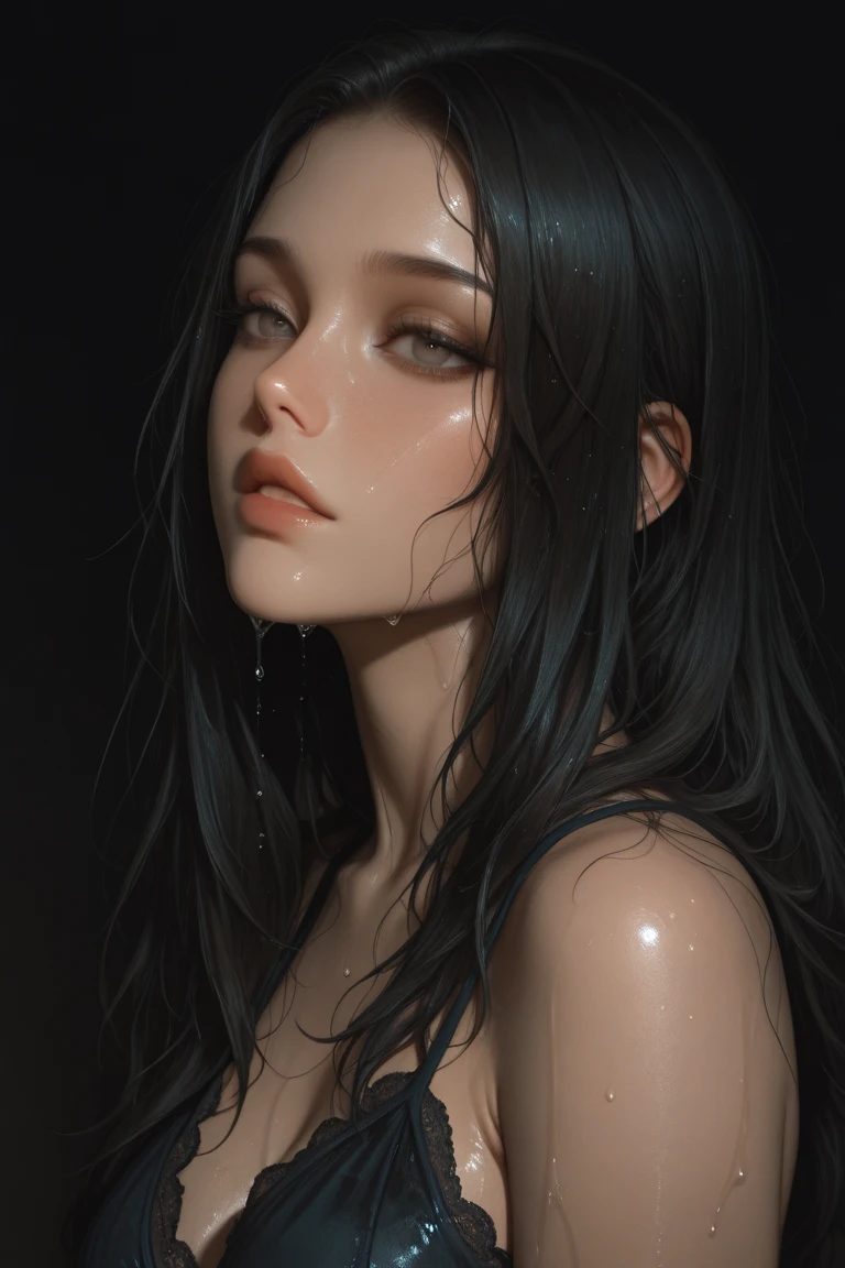 8K, Top Quality, Intricate Details, Ultra Detail, Ultra High Resolution, Masterpiece, close up shot, (full body: 1.1), (()), Slender, Smile, (Makeup: 0.4), ), (Fluffy Eyes: 1.21), ((((  )))), 1girl, solo, 1 girl, ((blue hair,  (long hair), (), bangs,, , blue eyes,)), close up shot, , ((tall)), (((fit body))), (((slim face))), sharp face, ((naked, nude))  (detailed face), sharp face, small lips, (( standing)), walking pose, walk pose, 
 ((,  in the rain, shimmering skin,  she's soaking wet, (her hair is (dripping wet:1.2), long wet hair, Her wet drenched hair, wet hair, water on the body)), , ((,)), detailed face, detailed breast, , ((large breast, huge breast)), detail ass, Narrow Waist, Skinny, slim tall , 195 cm tall, Muscular, Navel, Exposed Abdomen, Pointed Chest,, Beautiful girl with accentuated slender abs: 1.4, Six Pack Abs: 1.4, Bust Botox, Big, Perfect Body, detail leg, (( dark background)), black background,