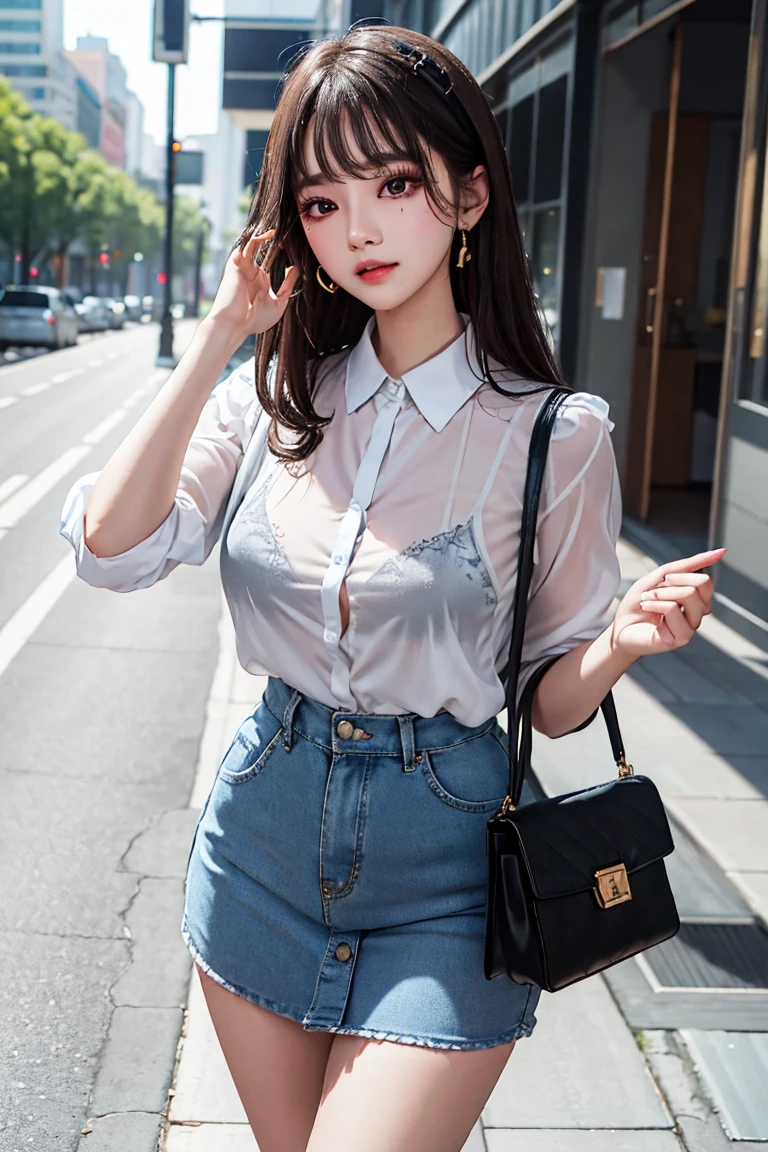Realistic, textured skin, {best quality}, {highres}, beautiful and charming girl, bust photo, sexy beautiful legs, 18 years old, delicate and charming little face, (with a smile: 1.2), slim and charming body, delicate and charming collarbone, sapphire necklace, air bangs, black hair, bright big eyes, pink lips, double eyelids, deep cleavage, (transparent white silk shirt, skinny denim super shorts), standing in front of the subway station waiting for the train, bright background, 8K HD, Super detailed, high quality texture, complex detail, detailed texture, fine detail, high detail, very detailed CG, delicate beautiful and delicate face