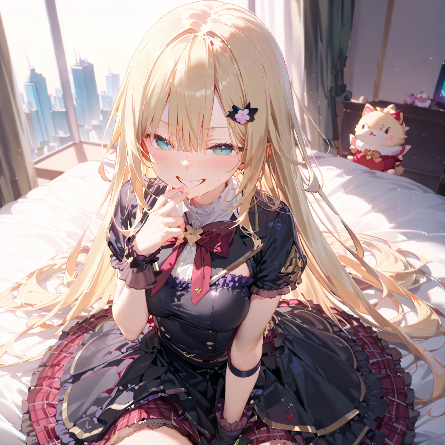 [Dress-up doll series - Yoru-san Cos Marin-chan２] (masterpiece, best quality), (absurdres absolutely resolution), (8k), (detailed beautiful face), (detailed illustration), (super fine illustration), (vibrant color), (professional lighting), BREAK 

close-up, (sitting, crossed legs:1.3), BREAK 

(in My Dress-Up Darling style), (kitagawa marin), 1girl, solo, long blonde hair, multicolored hair, shiny hair, straight hair, swept bangs, (big red eyes:1.2), long eyelashes, cherry-pink lips, long cherry-pink fingernails, (shiny skin, skinny, slender body:1.3), (large breasts), cleavage, BREAK 

(happy smug:1.3), (wide eyes:1.3), silver earrings, piercing, (gold hairband, black dress, black thighhighs, fingerless gloves, black gloves, hair ornament, hair flower), rose, BREAK 

(indoors:1.3), (Japanese small apartment, anime posters all over the walls, kawaii anime dolls, hot-pink sofa, cushions:1.3), (magnificent view), (cinematic lighting), (bokeh)