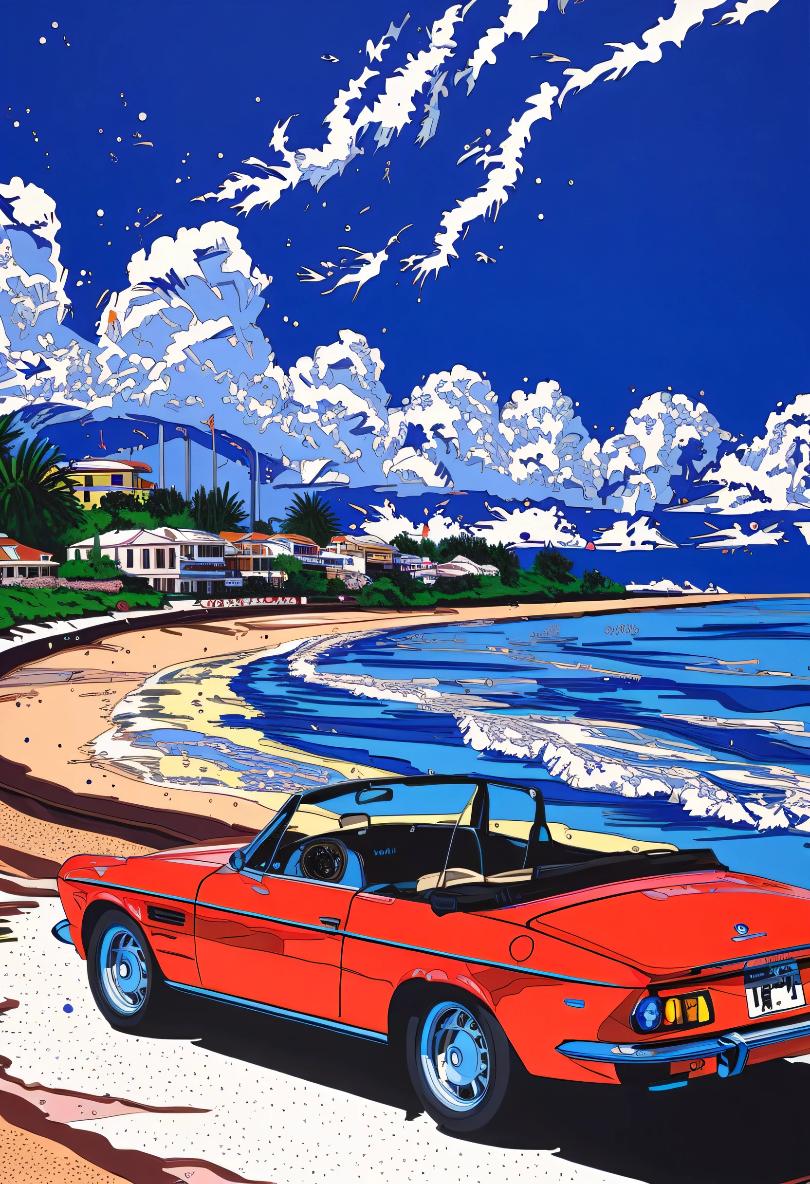 Ultra HD、precise design、with kusarigama, drawn with lines, EIZIN SUZUKI Art Style, city pop style, Blue Sky and Thunderstorm, Clear Line , Thick flowing lines , BMW Convertible Running on the Coastline, Minimalist Geometric , fine line drawing , Line Art, Illustration, Vivid Highly Saturated Colors , cloud that looks like、