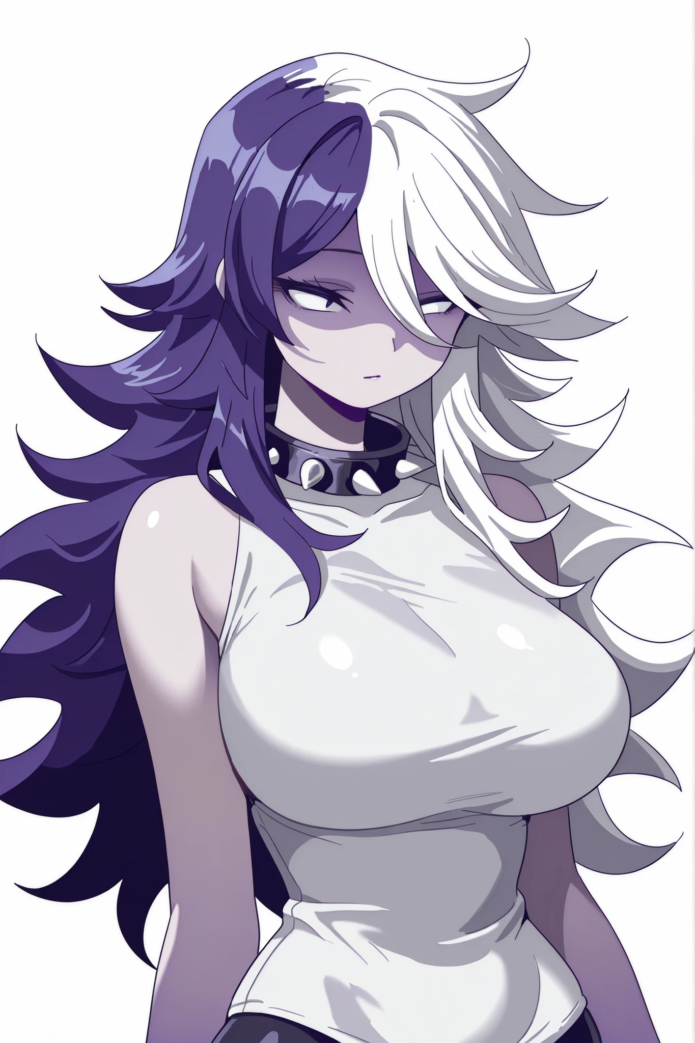 better quality, Girl with long hair, with a fringe that covers her eyes, purple, with fair skin, with a sleeveless shirt, purple, wearing , white-colored, with a spiked collar on the neck, with the following characteristics, (extra large breasts with well-defined curves), white background , with a remote,, From Playstation