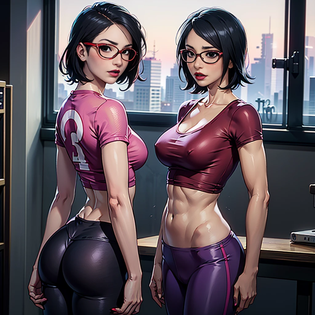 (((solo))), mature woman, (pale skin), High quality, highly detailed, masterpiece, RAW photo, best quality, (oval shape face), (big lips), thin waist, ((muscular hips)), black hair, ((loose hari)), long hair, cinematic lighting, ((glasses)), ((shy)), (blushed), lush illumination, (thin arms), (thin legs), small breasts, muted colors, yoga pants, top, ((simple background))