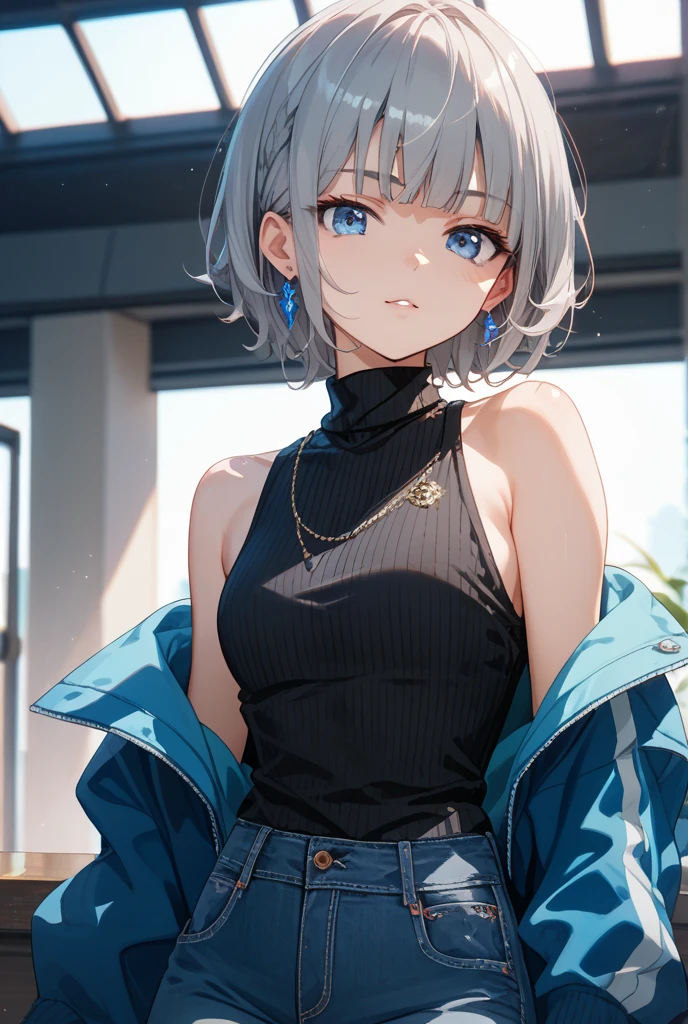 (masterpiece, best quality:1.2),illustration,8k,hd,1girl,solo, hair over one eye,short hair,ahoge,grey eyes,collarbone,grey hair,alternate hair length,bare shoulders,alternate hairstyle,denim shorts,large breasts,cleavage,jacket,shirt,open clothes,shoes,thighhighs, (cowboy shot)