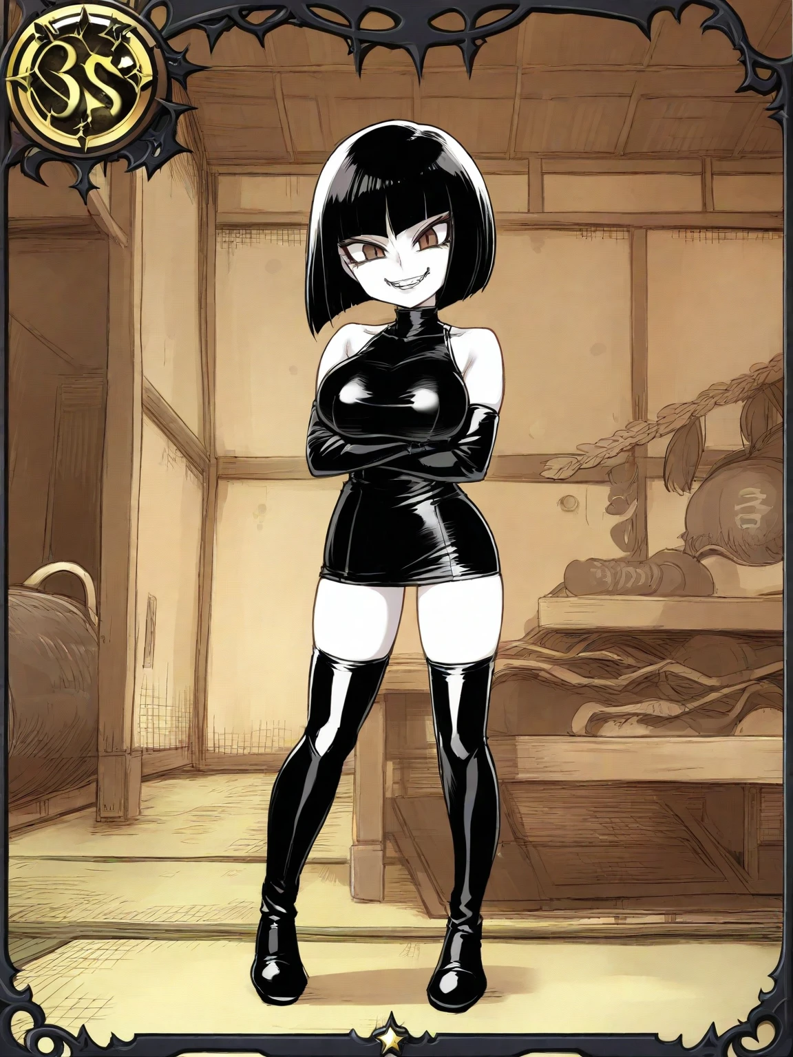 Anime line art, black and white, (Full body image of latex gothic fashion girl: 1.5), Japanese cartoons, Lovely, Smoky makeup, dark blue hair, blunt bangs, Straight short Bob, (Navel tattoo), black gloves, Latex knee-high boots, High-gloss finish, Super detailed, (basement), 8K.