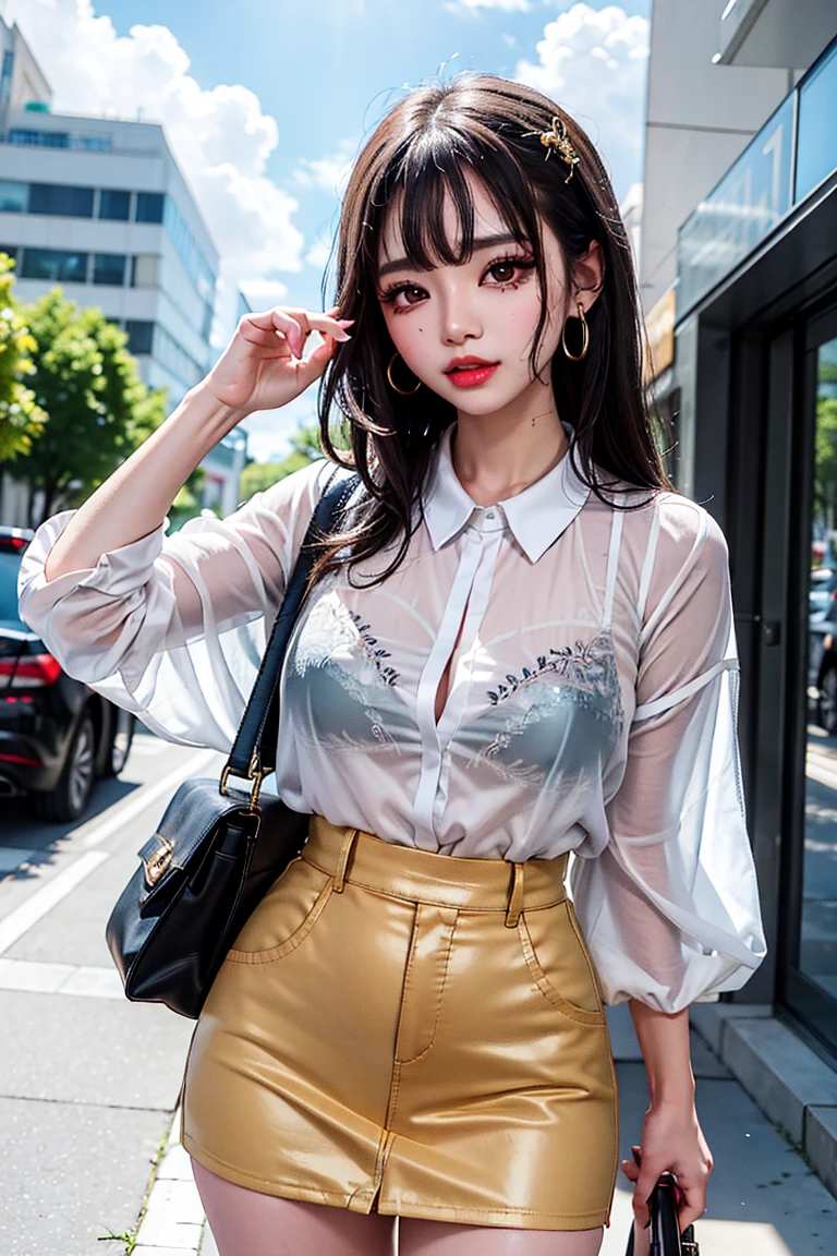Crying, tears, white hair, delicate hairstyle, a girl wet from the rain, standing on the street, big breasts, open chest, long eyelashes, lip gloss, transparent white shirt, necklace, earrings, top quality, transparent black miniskirt, high resolution rate, 8K quality