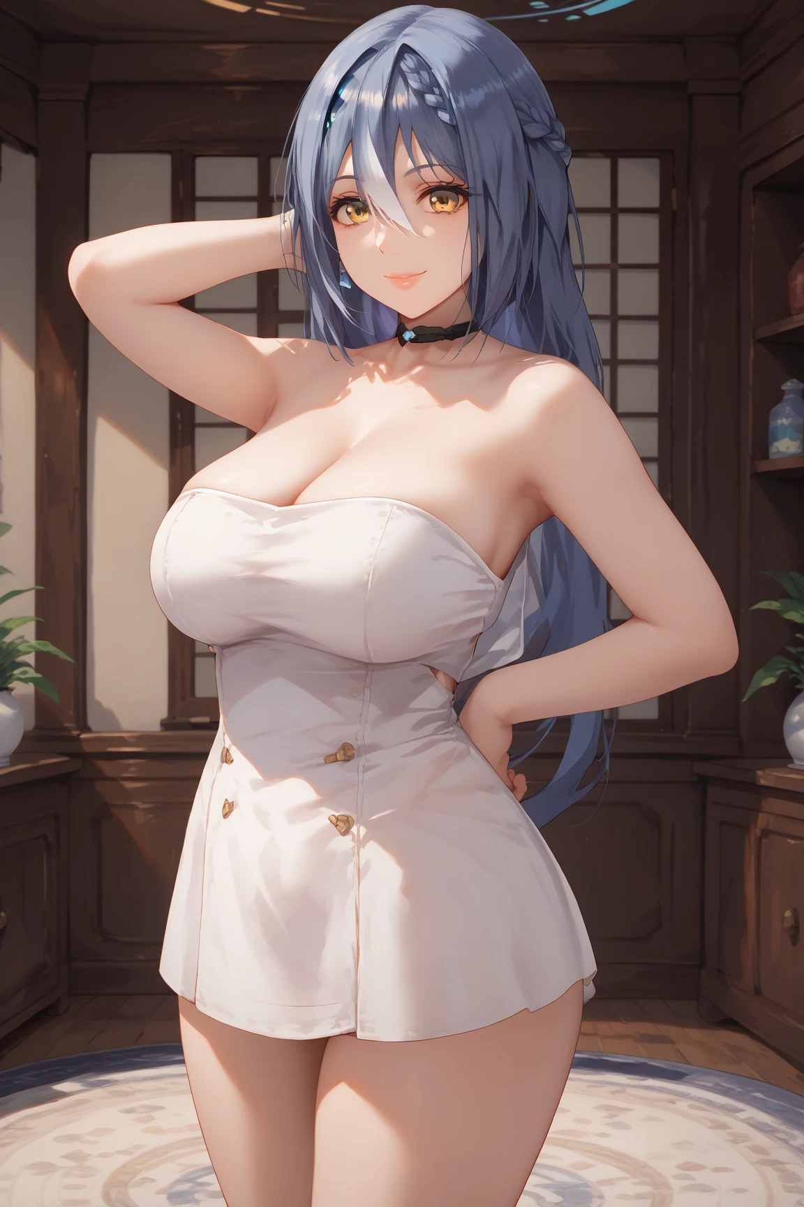 (((masterpiece, best quality))), (((superior quality))), cute girl, ((extremely detailed girl)), (huge breasts), (yukata), (bare shoulders), strapless top, slight smile