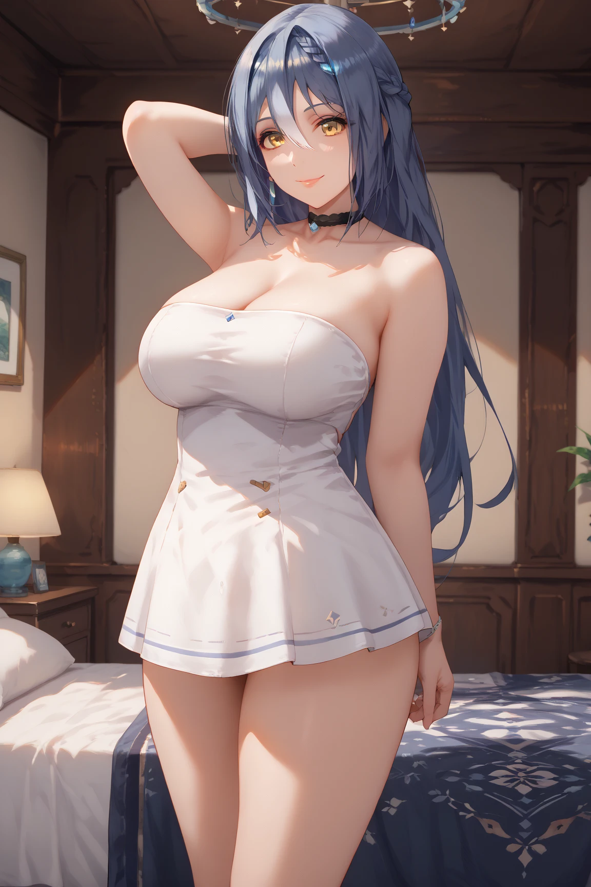 professional artwork, Intricate Details, field of view, sharp focus, detailed painting, photorealistic lighting, trending on pixiv, Standing at attention, ((huge breasts:1,4)), revealed skin, cleavage, formal clothes, Beautiful body,Beautiful Nose,Beautiful character design, perfect eyes, perfect face, looking at viewer, NSFW,official art,extremely detailed CG unity 8k wallpaper, perfect lighting,Colorful, Bright_Front_face_Lighting, (masterpiece:1.0),(best_quality:1.0), ultra high res,4K,ultra-detailed, photography, 8K, HDR, highres, absurdres:1.2, Kodak portra 400, film grain, blurry background, bokeh:1.2, lens flare, (vibrant_color:1.2), shikkoku_yorihime, (seductive look, flirting), ((looking at viewer, front body pose)), (beautiful lips), official art,