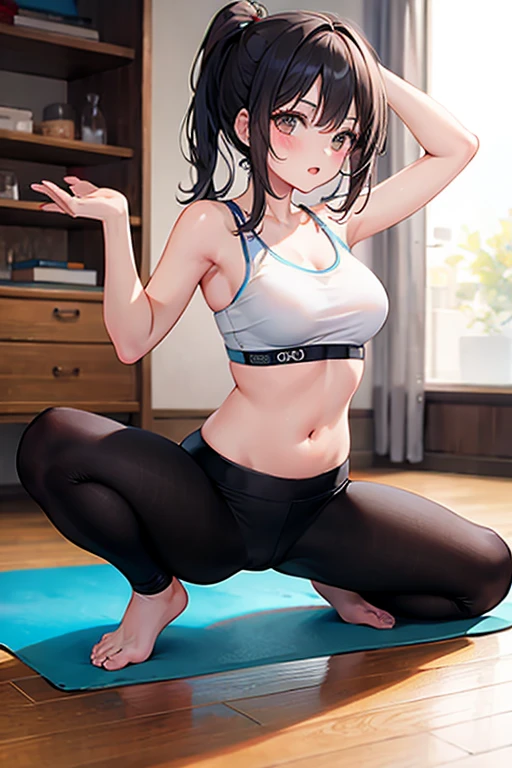 1 person、solo、Viewer's perspective、pbNaomi、Brown skin、Black Hair、Sportswear、Sports Bra、Gym、indoor、(立ちLeg spread)、Standing on one leg、Leg spread、Leg lift、Cleavage、sweat-stopping band、Wooden floor、Sports Bikini、panties、Panty Shot、Cameltoe、Lip opening、blush、鼻blush、Embarrassing