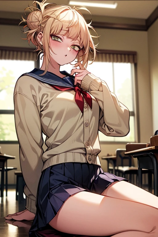 Close-up、(((blonde hair)))、wavy short hair、cute、summer:1.3、shirt:1.3、、skirt(((Highest image quality、High resolution、masterpiece、one woman)))、((((embarrassing:1.3、)))、(((cute)))、Super delicate and cute girl with black hair、soio、a high school student、16 years、8K Ultra High Definition、Delicate texture、short wavy Hair、flat chest、(((Plaid mini skirt)))、(((Wear a cardigan over a collared shirt)))、(((navy colored high socks))),,Plain clothe、Smiling,spreading her legs,exposed panties,nsfw,middle breast,classroom,lying down on the desk,spreading legs open wide with knees bent,creating the shape of the letter M,(((detailed race white panties))),