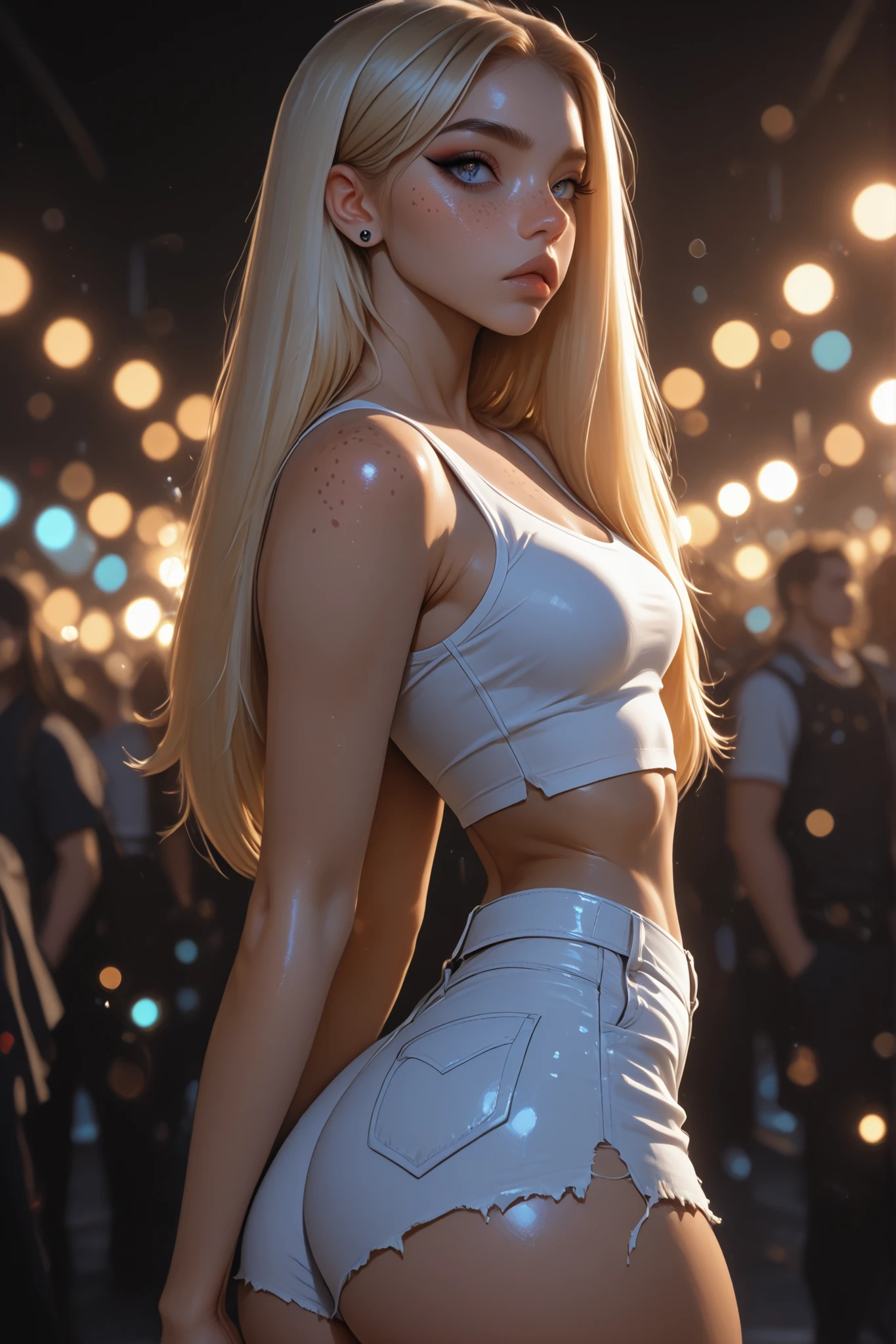 view from side, rave, masterpiece, best quality, hrigh details, Ray tracing, hdr, volumetric lighting, bokeh, depth of field, glossy lips, score_9, score_8_up, score_7_up, upscale 2x, white Girl with Long Hair and Piercing Eyes, beautiful face, Her toned abdomen and curves are visible, close up, tight tank top, ripped jean shorts, freckles, eyeliner, blonde, small breasts, round ass